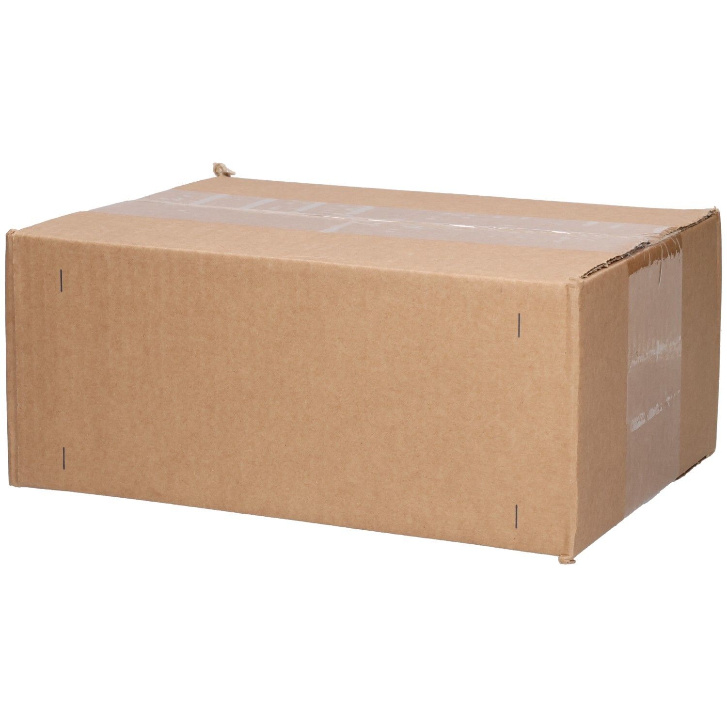 Braune Kartonverpackung, verschlossen mit Klebeband. Keine Produktbezeichnung sichtbar.
