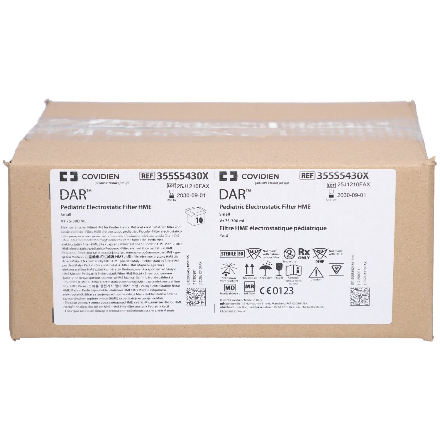 Karton mit Aufdrucken. Aufschrift: COVIDIEN DAR, Pediatric Electrostatic Filter HME, REF 3555S430X. Mit CE-Kennzeichnung.