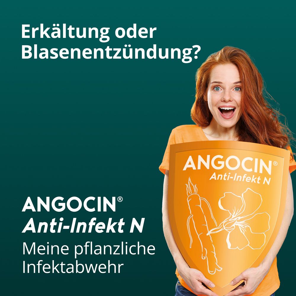 Frau mit ANGOCIN Anti-Infekt N Schild, das pflanzliche Infektabwehr symbolisiert.