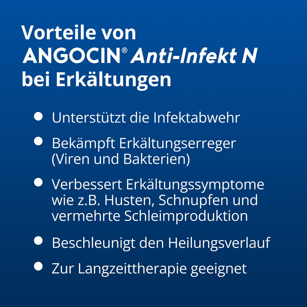 Vorteile von ANGOCIN Anti-Infekt N bei Erkältungen: unterstützt Infektabwehr, bekämpft Erreger.