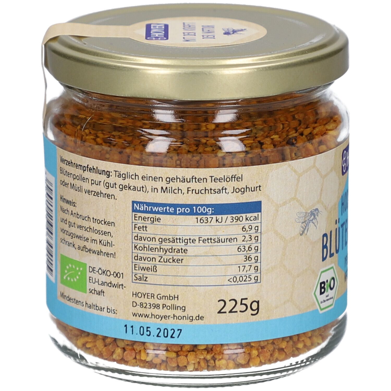 Rückseite des Glases mit Nährwertangaben und Haltbarkeitsdatum. Etikett mit Text und EU-Bio-Logo.