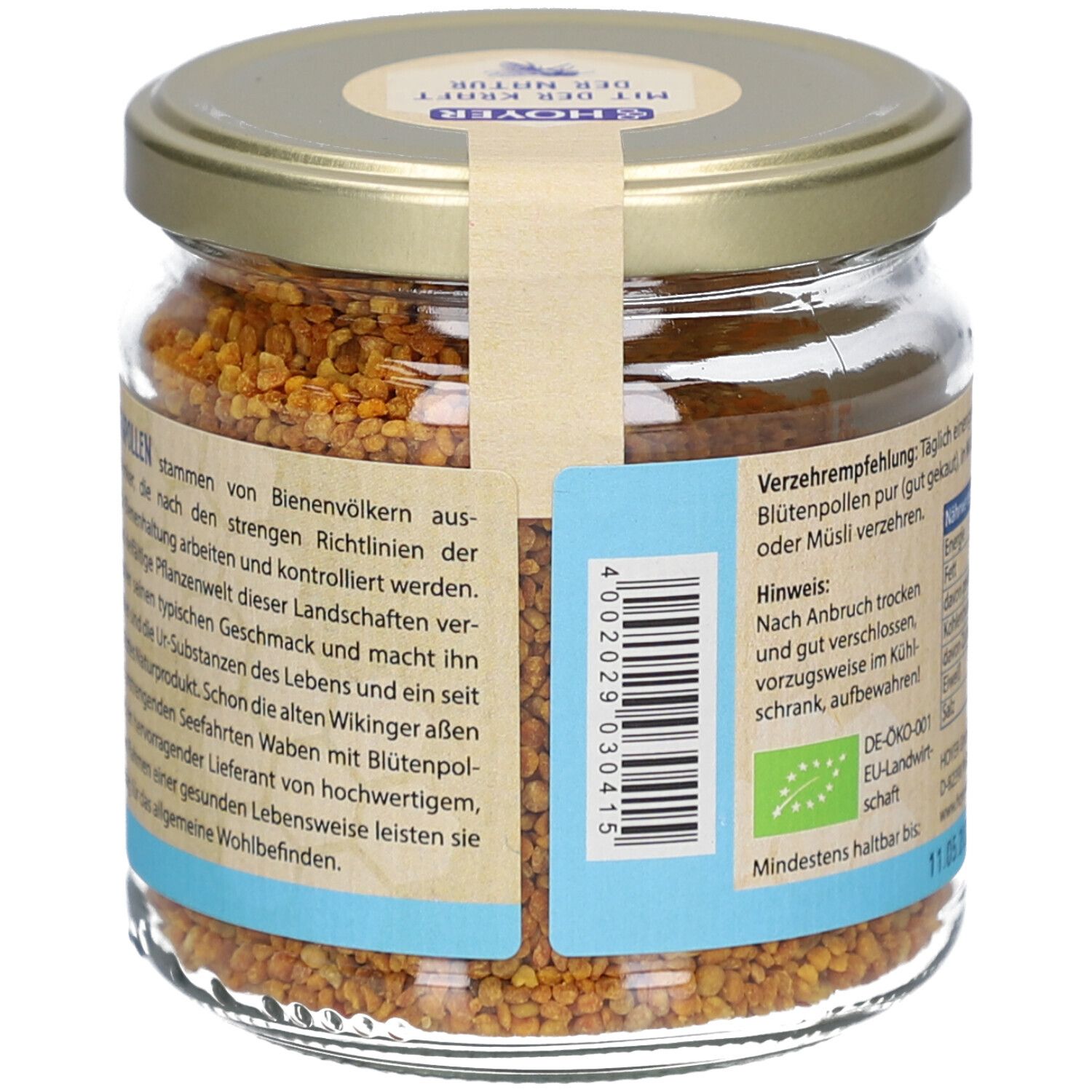 Rückansicht des Glases mit Text auf Etikett. EU-Bio-Logo und Barcode sichtbar.