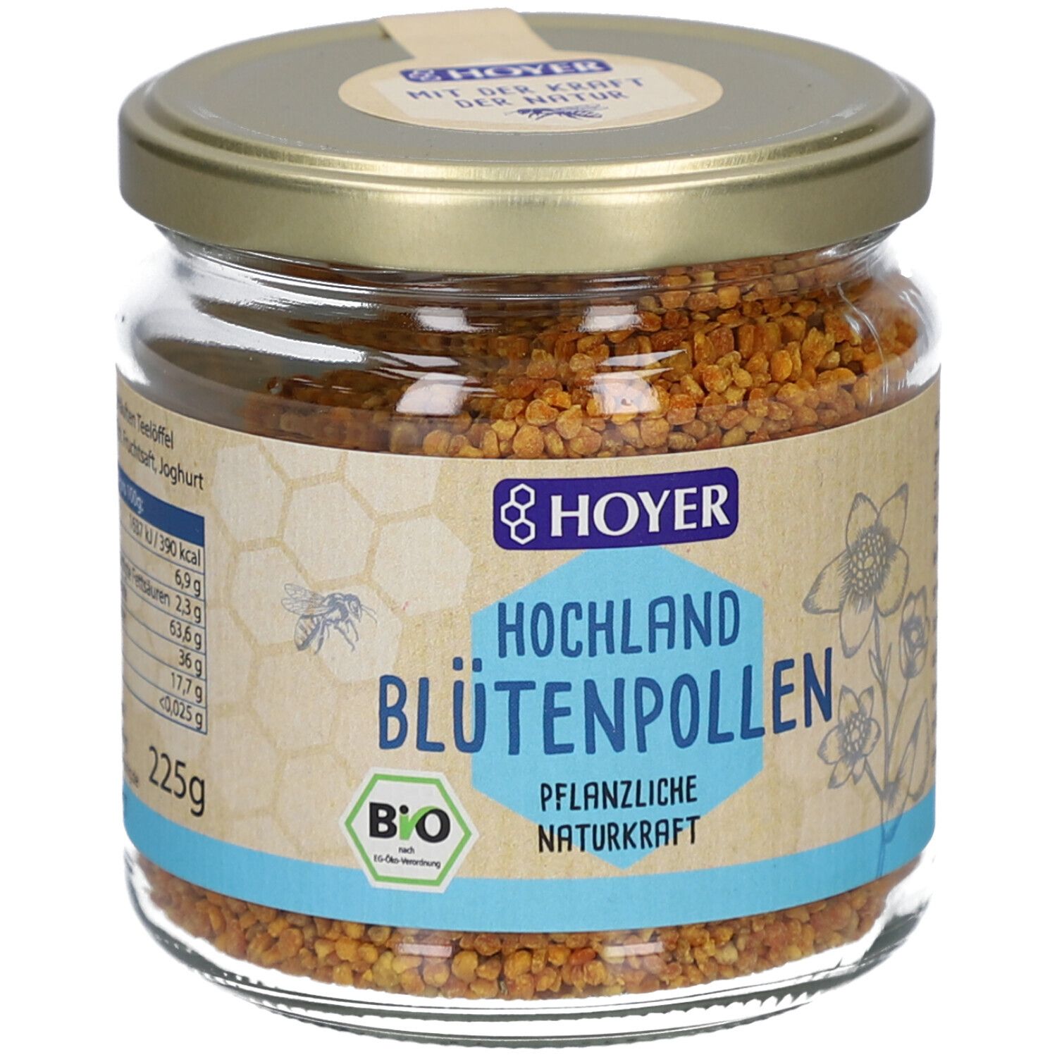 Glas mit HOYER Hochland Blütenpollen. Braune Pollen, goldener Deckel, Etikett mit Text und Logo.