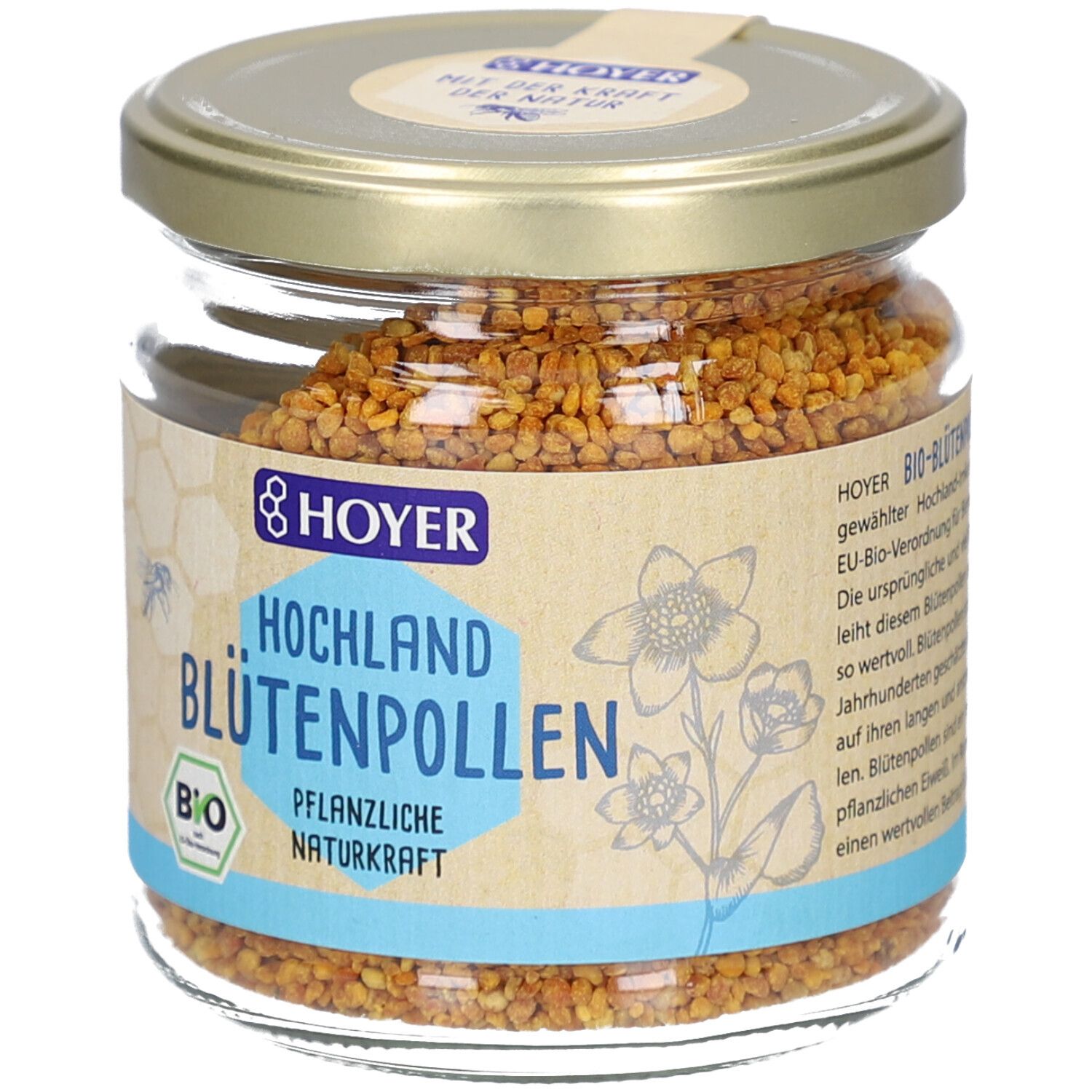 Glas mit HOYER Hochland Blütenpollen. Braune Pollen, goldener Deckel, Etikett mit Text und Logo.