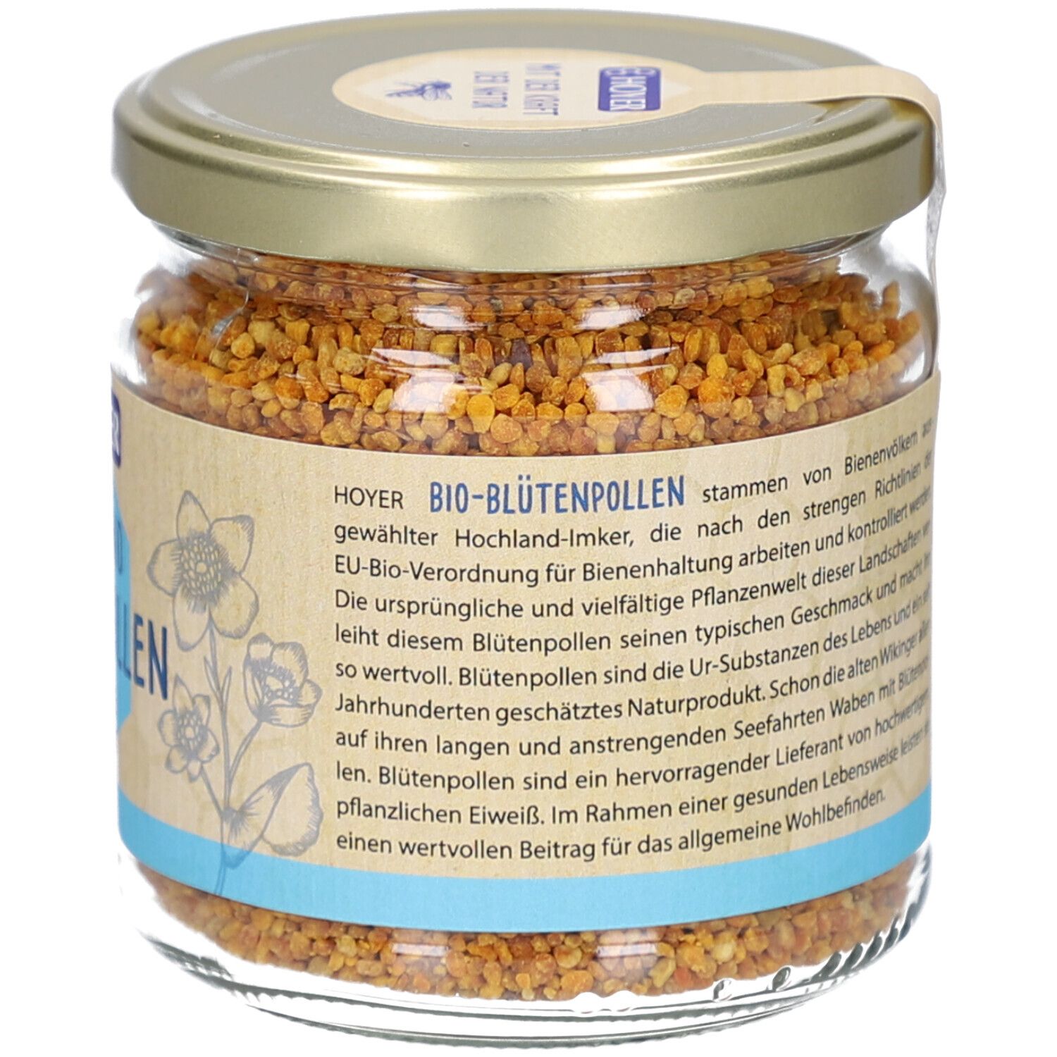Rückansicht des Glases mit Text auf Etikett. EU-Bio-Logo und Blütenpollen-Beschreibung.