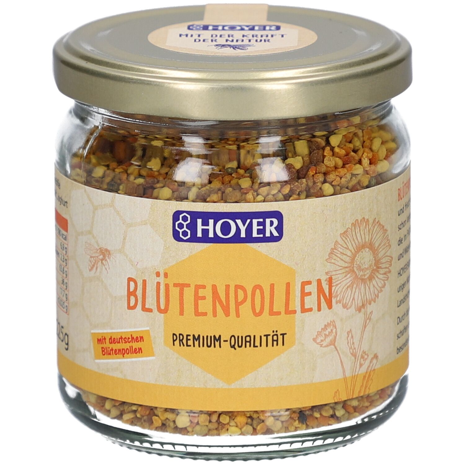 Glas mit Blütenpollen. Etikett mit "Blütenpollen Premium-Qualität" und Logo. Deckel mit Aufkleber.