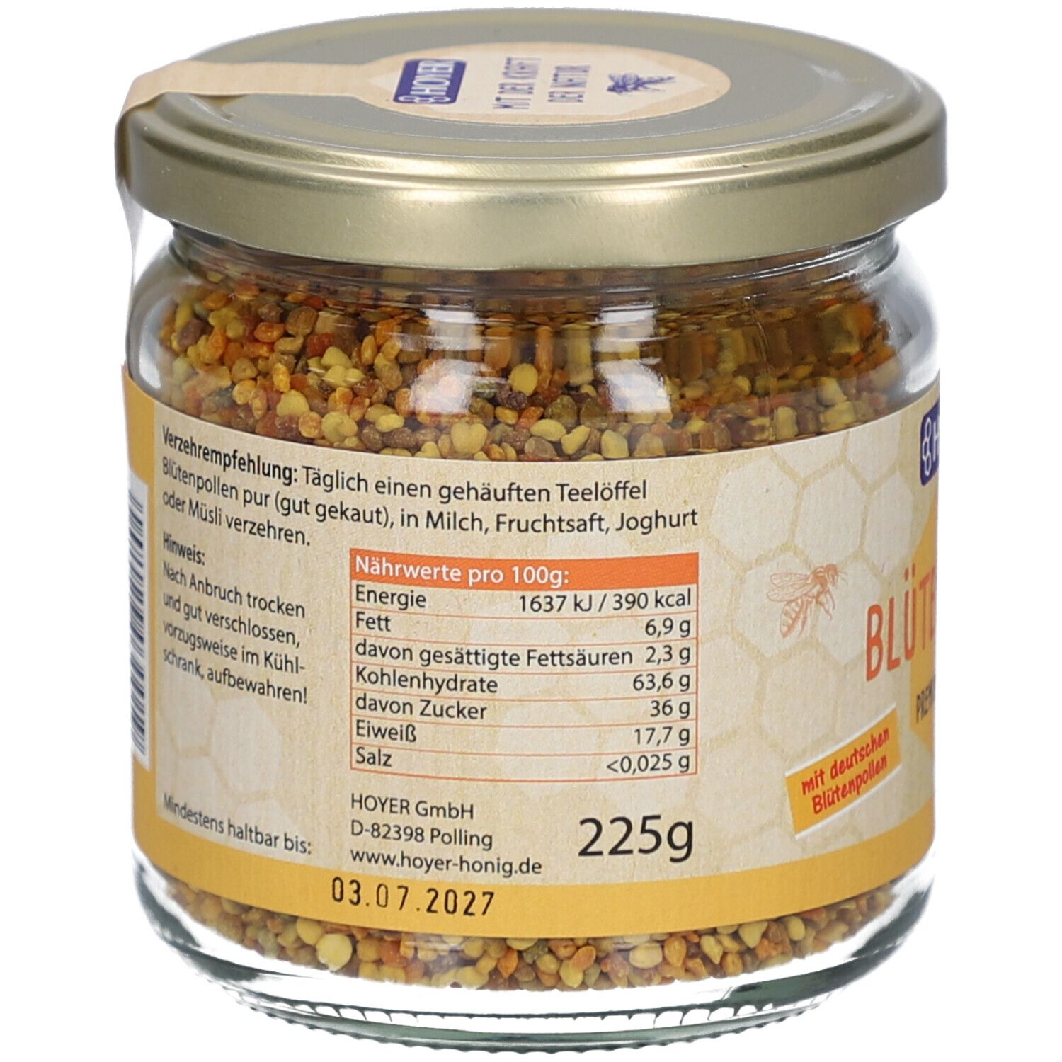 Rückseite des Glases mit Nährwertangaben und Verzehrempfehlung. Mindesthaltbarkeitsdatum: 03.07.2027.