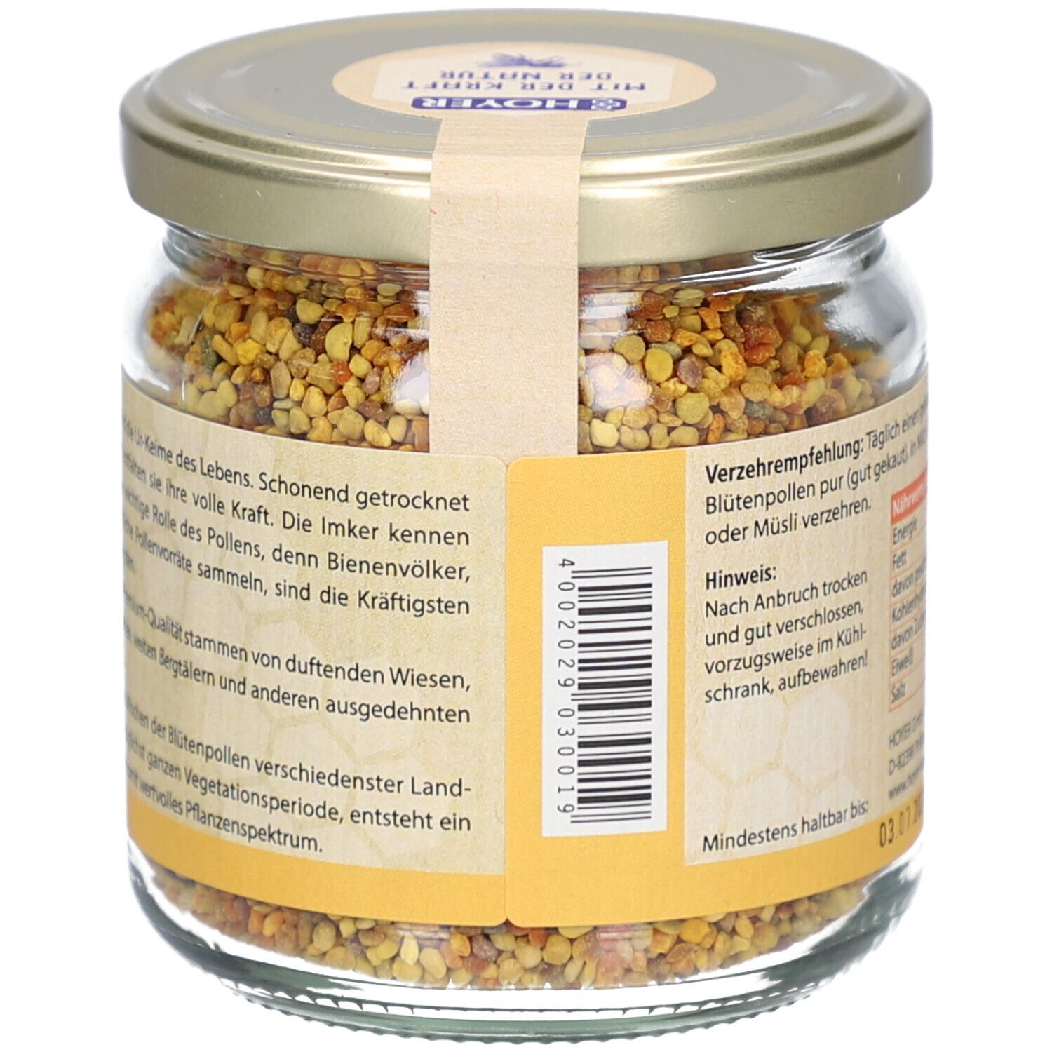 Glas mit Blütenpollen. Etikett mit Text und Barcode. Deckel mit Aufkleber.