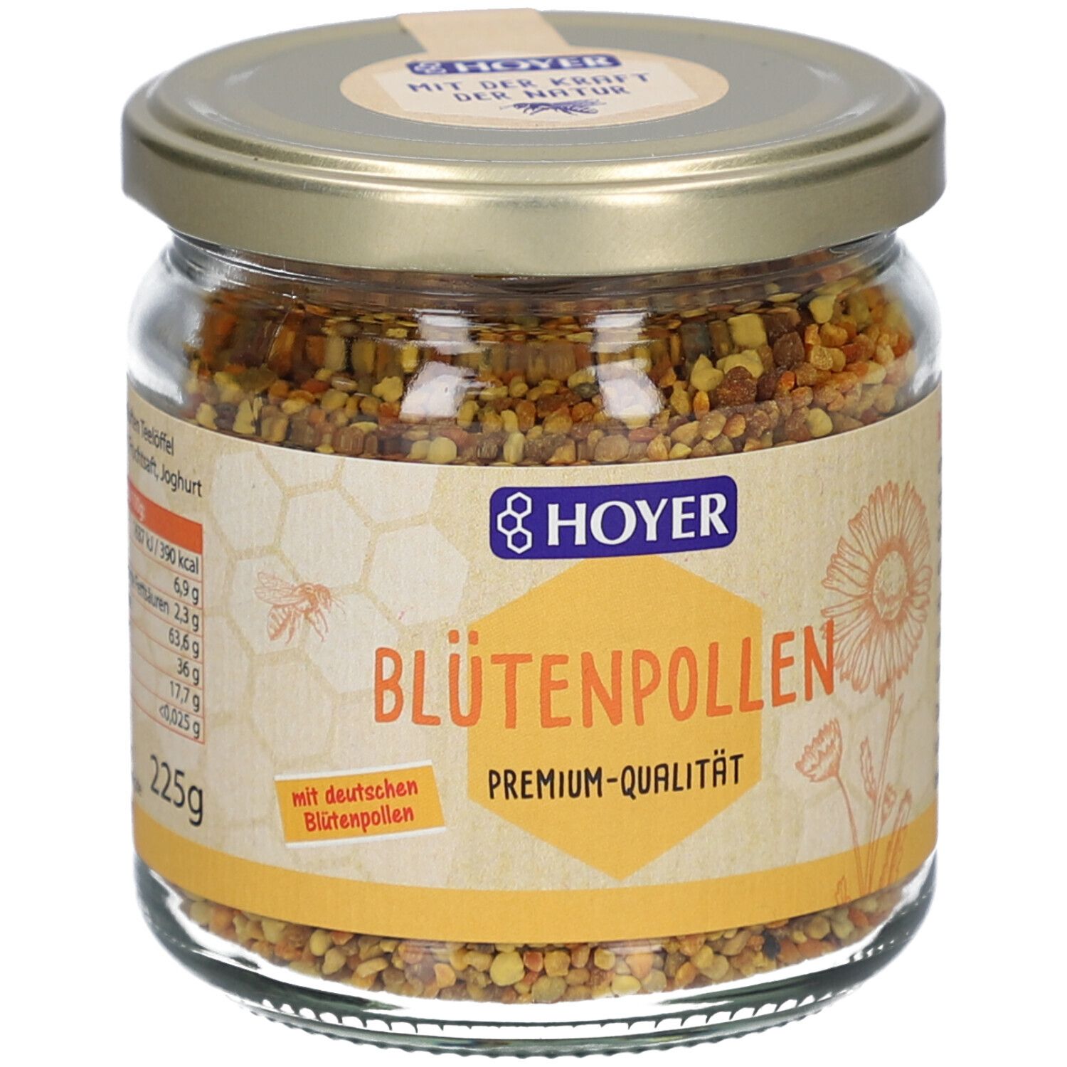 Glas mit Blütenpollen. Etikett mit "Blütenpollen Premium-Qualität" und Logo. 225g. Deckel mit Aufkleber.