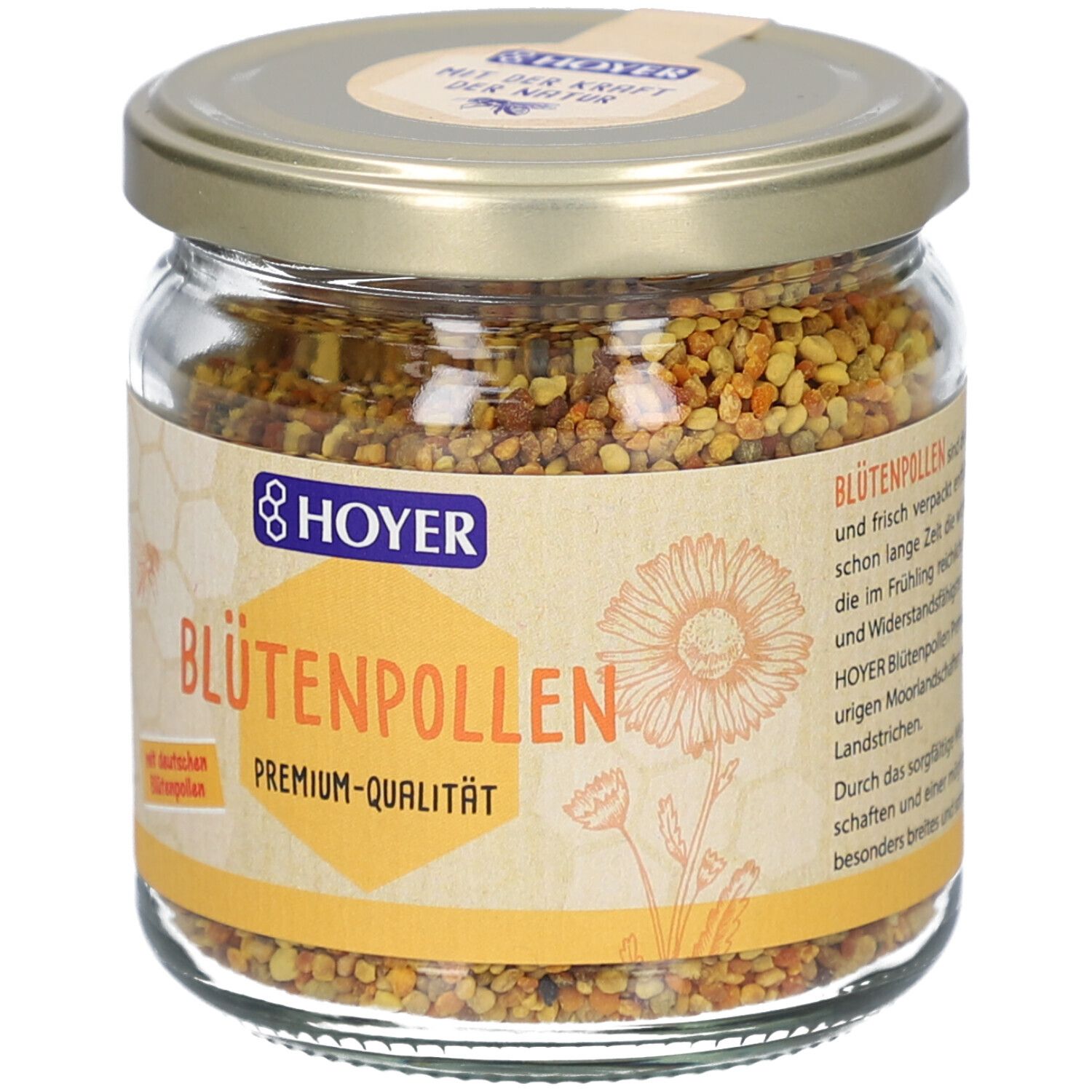 Glas mit Blütenpollen. Etikett mit "Blütenpollen Premium-Qualität" und Logo. Deckel mit Aufkleber.