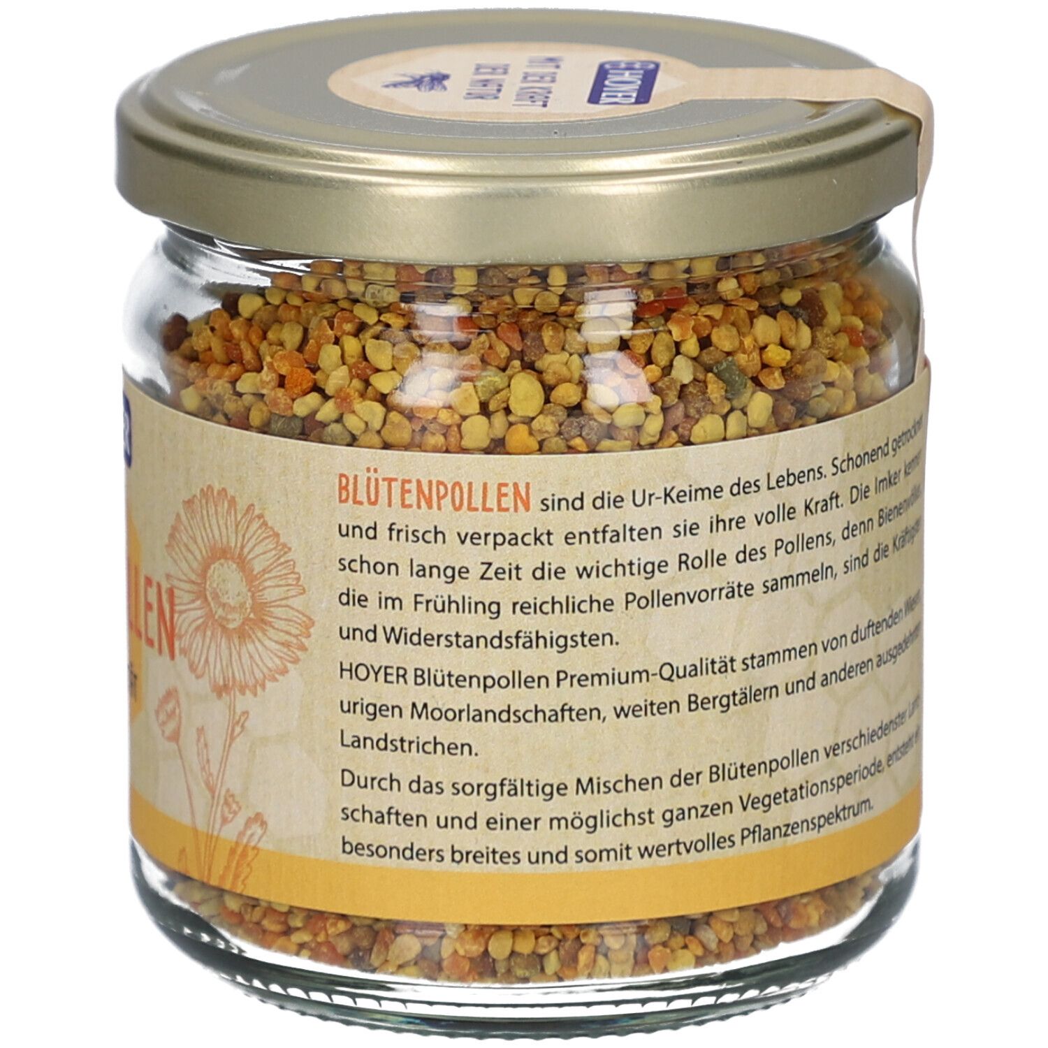 Glas mit Blütenpollen. Etikett mit Text. Deckel mit Aufkleber.