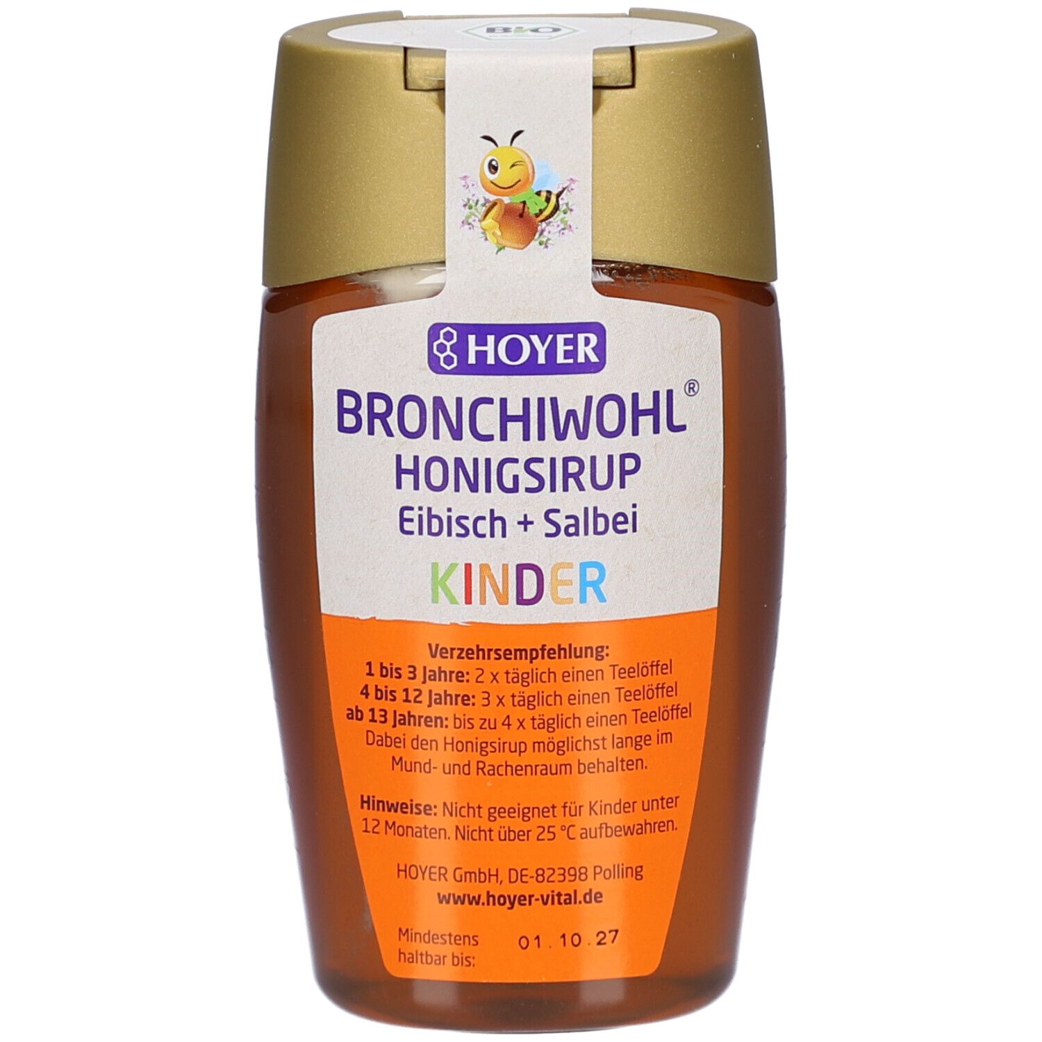 Braune Flasche mit goldfarbenem Deckel. Etikett mit Produktnamen, Logo und Kinder-Illustration. Bio-Siegel.