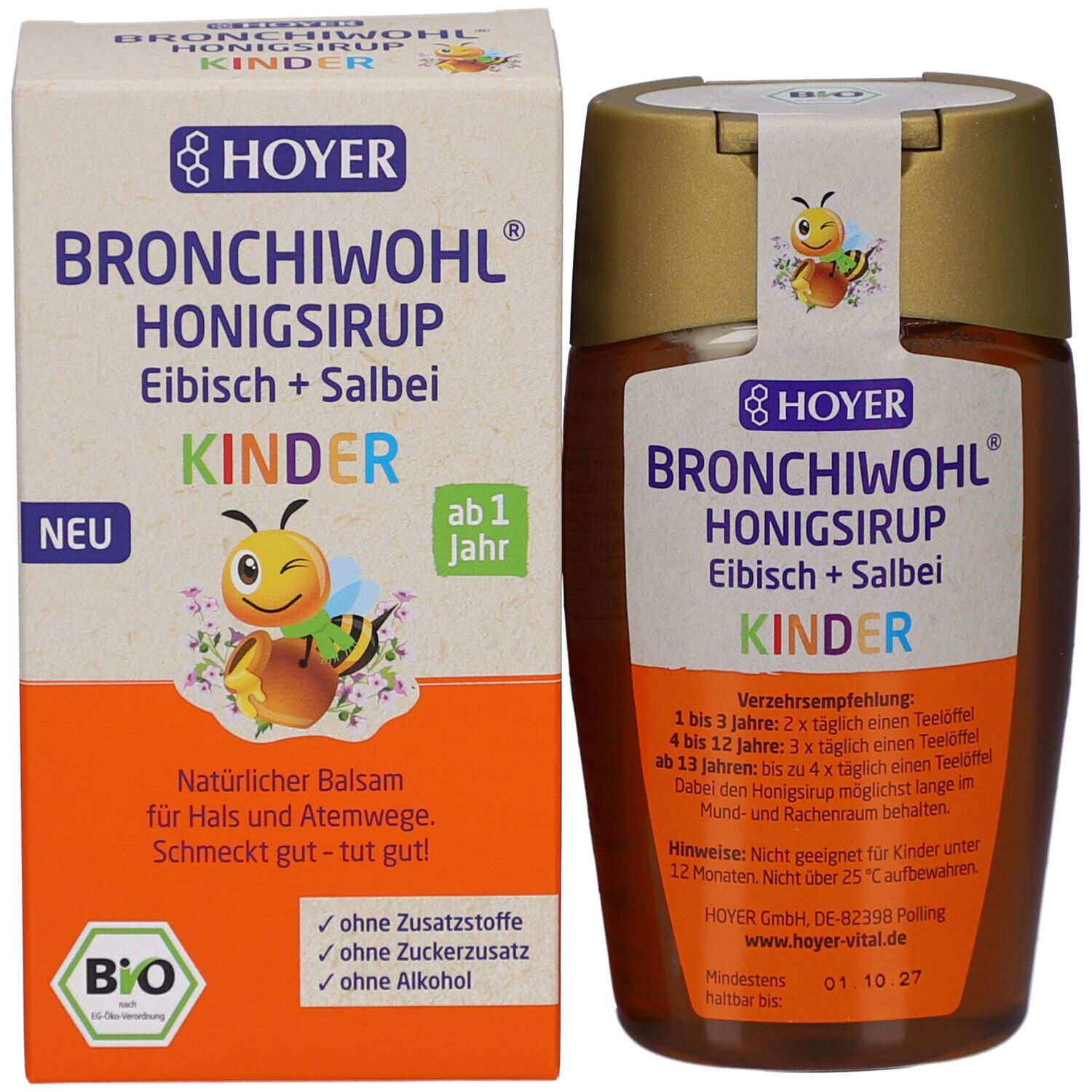 Produktflasche und Verpackung nebeneinander. Flasche mit Etikett, Verpackung mit Logo und Produktnamen.