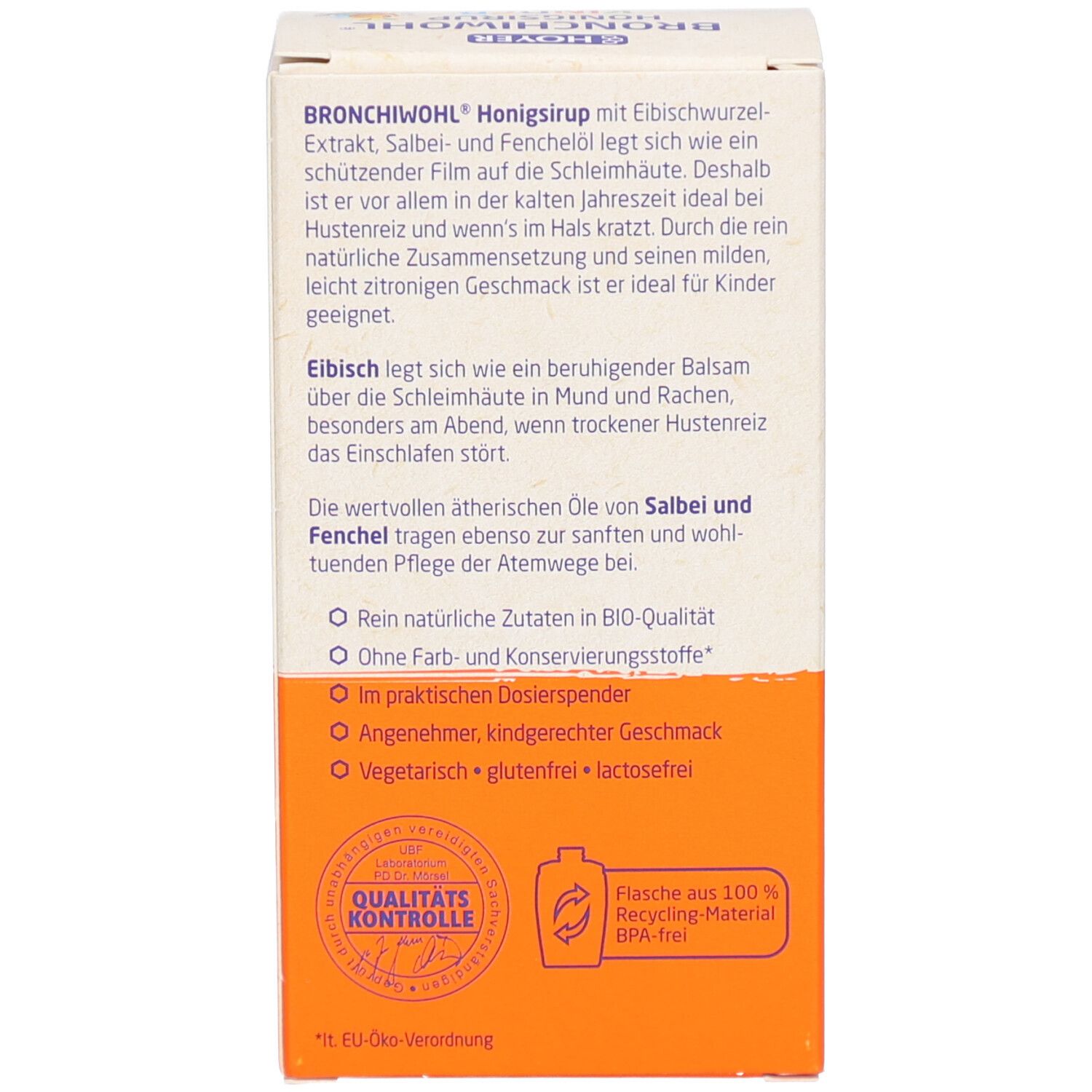 Verpackung, Seitenansicht. Text: Beschreibung, Qualitätskontrolle, Recycling-Symbol. Orangefarbener Hintergrund.