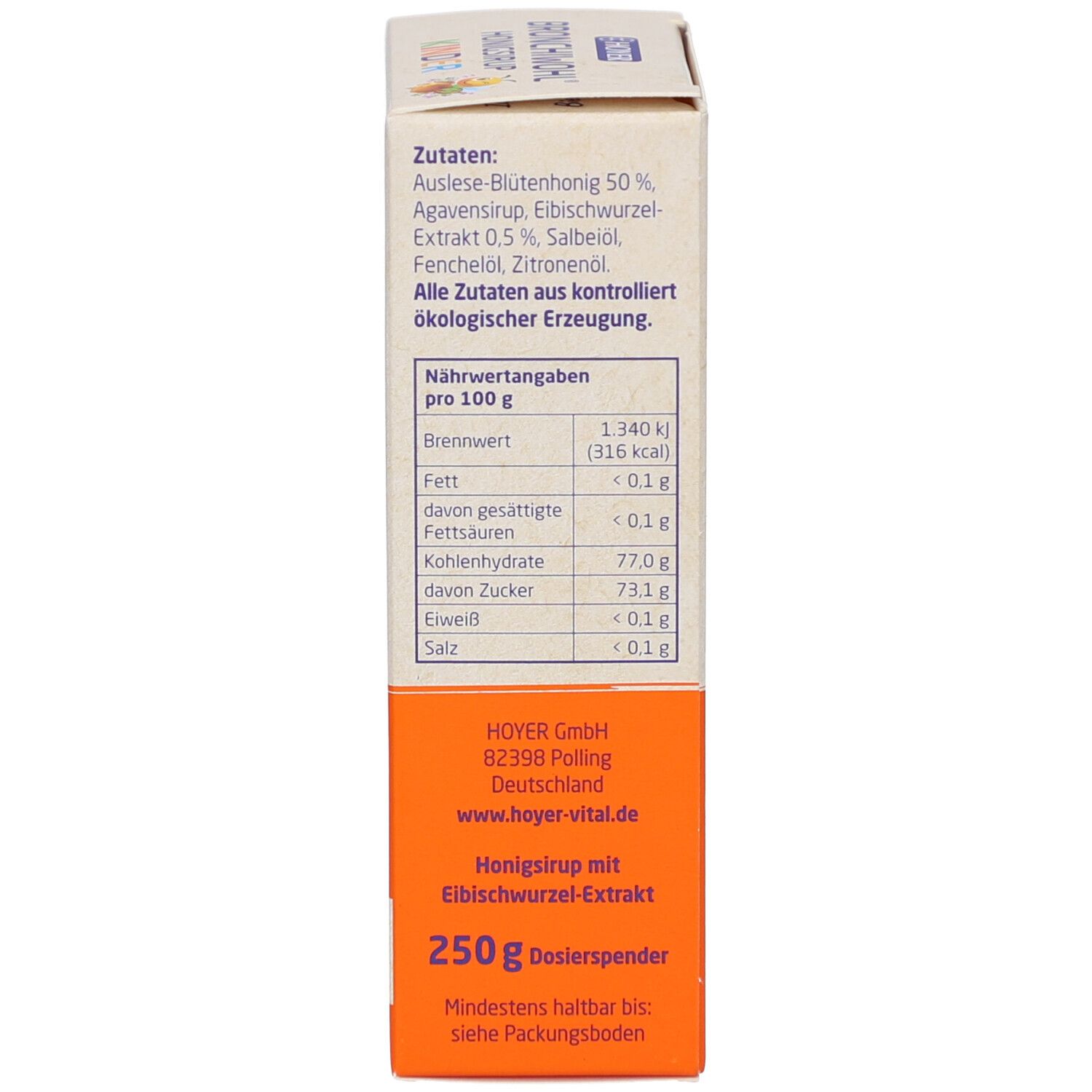 Verpackung, Seitenansicht. Text: Zutaten, Nährwertangaben, Herstellerinformationen. Orangefarbener Hintergrund.