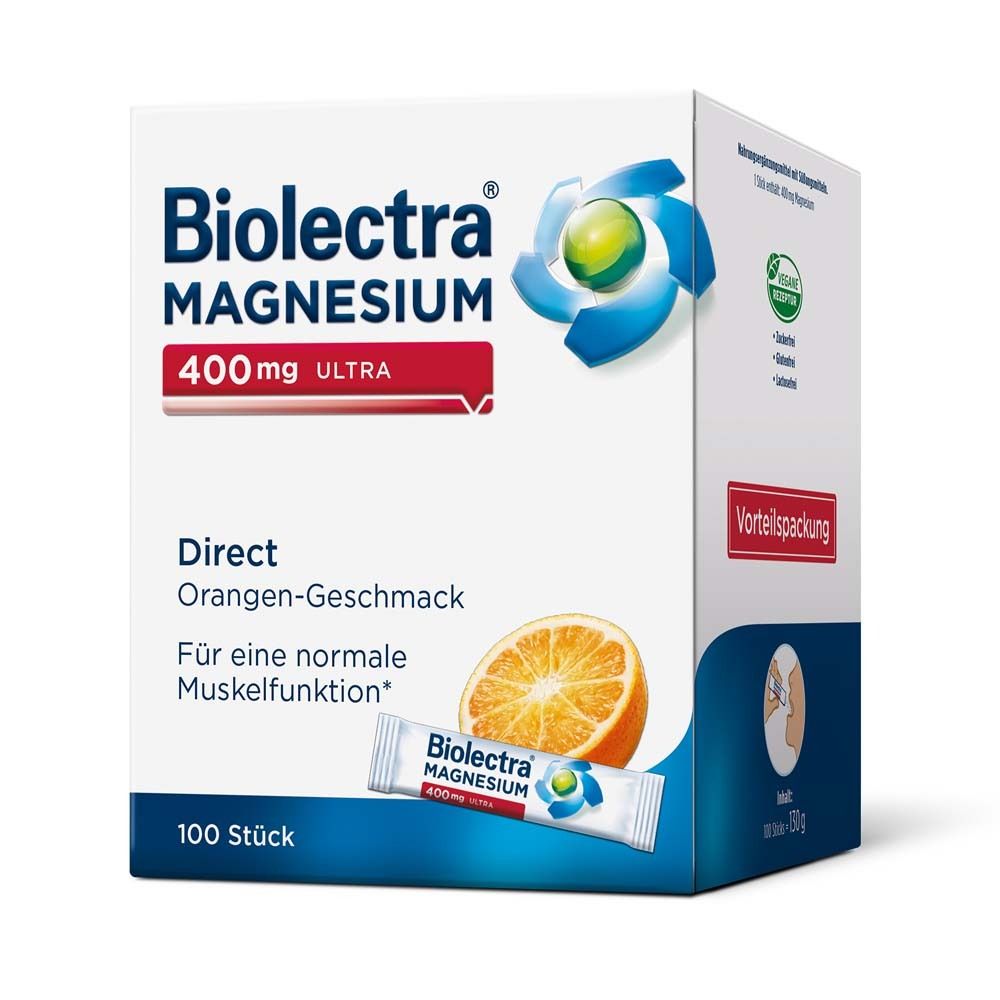 Biolectra Magnesium 400 mg Ultra Direct. Verpackung mit 100 Sticks. Orangen-Geschmack. Für normale Muskelfunktion. Mit Zertifizierung.