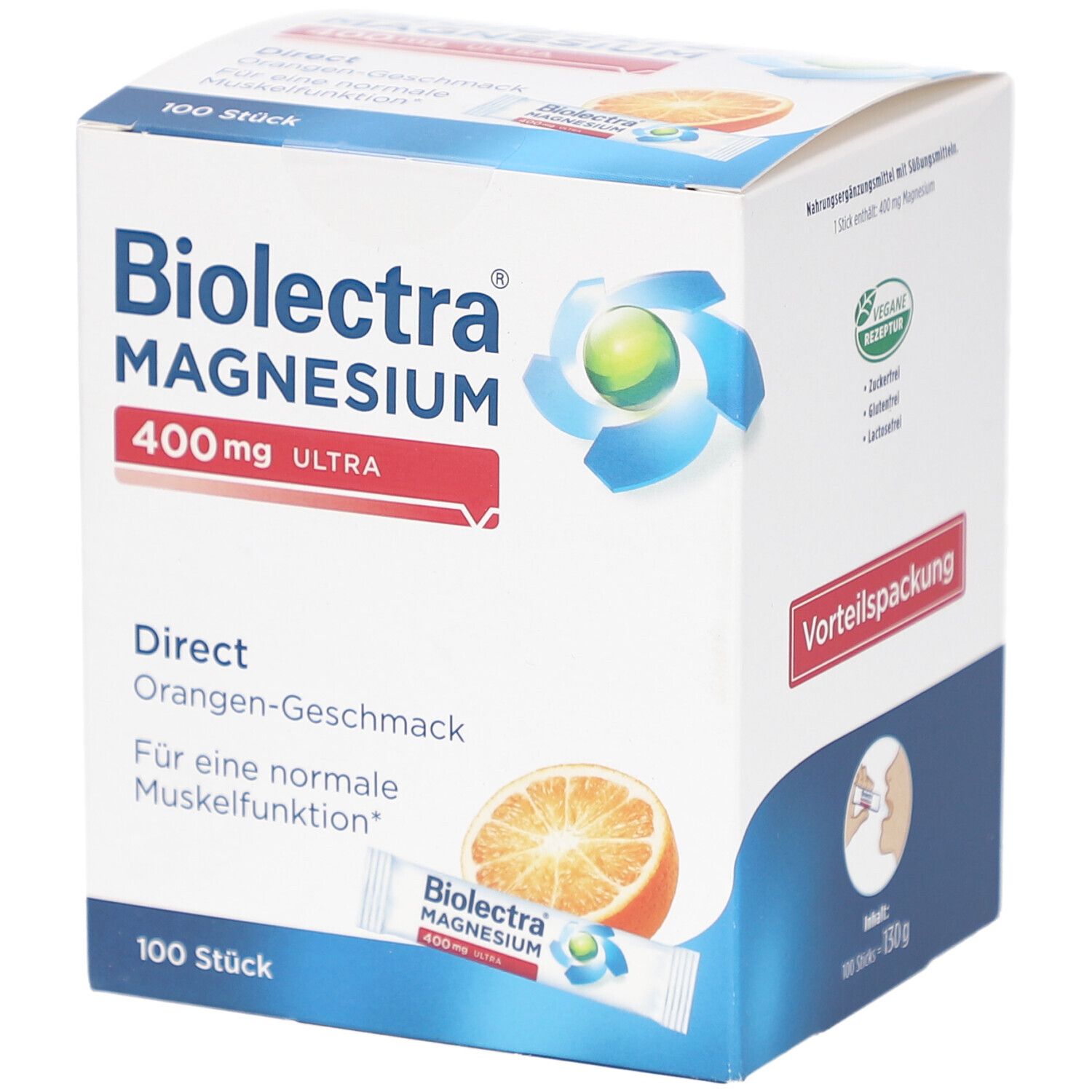 Biolectra Magnesium ultra Direct 400 mg Orange, Packung mit 100 Stück. Aufdruck: "Vorteilspackung". Abbildung einer Orange.