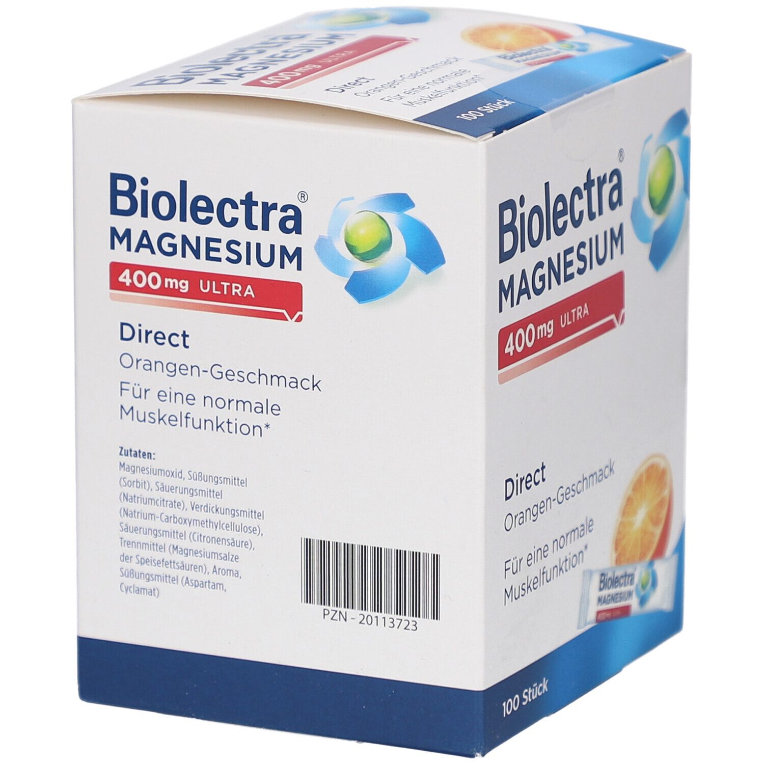 Biolectra Magnesium ultra Direct 400 mg Orange, Packung. Barcode und PZN-Nummer. Aufdruck: "100 Stück".