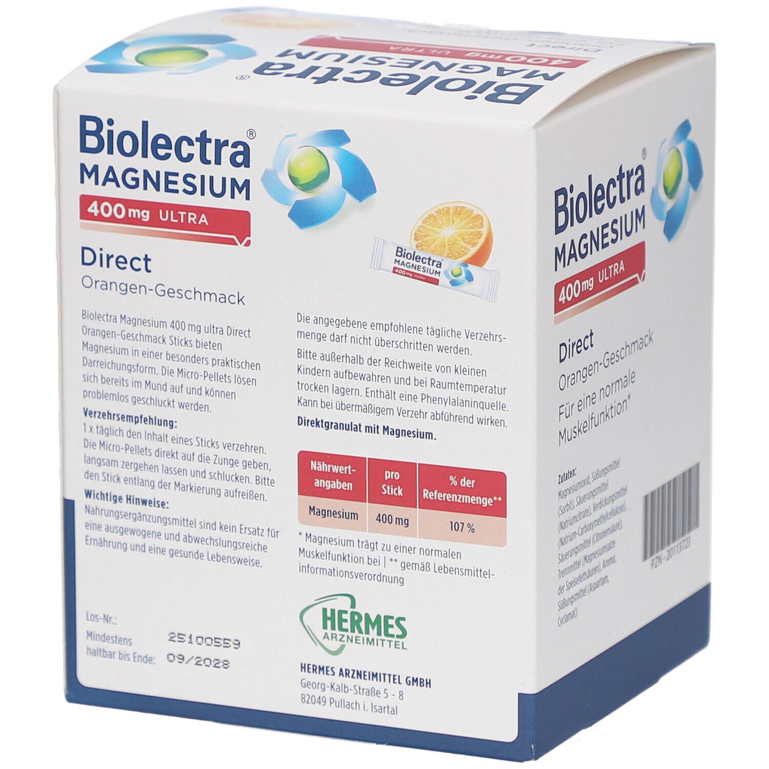 Rückseite der Biolectra Magnesium ultra Direct 400 mg Orange Packung. Text, Inhaltsstoffe, Nährwerttabelle. Hermes Arzneimittel Logo.