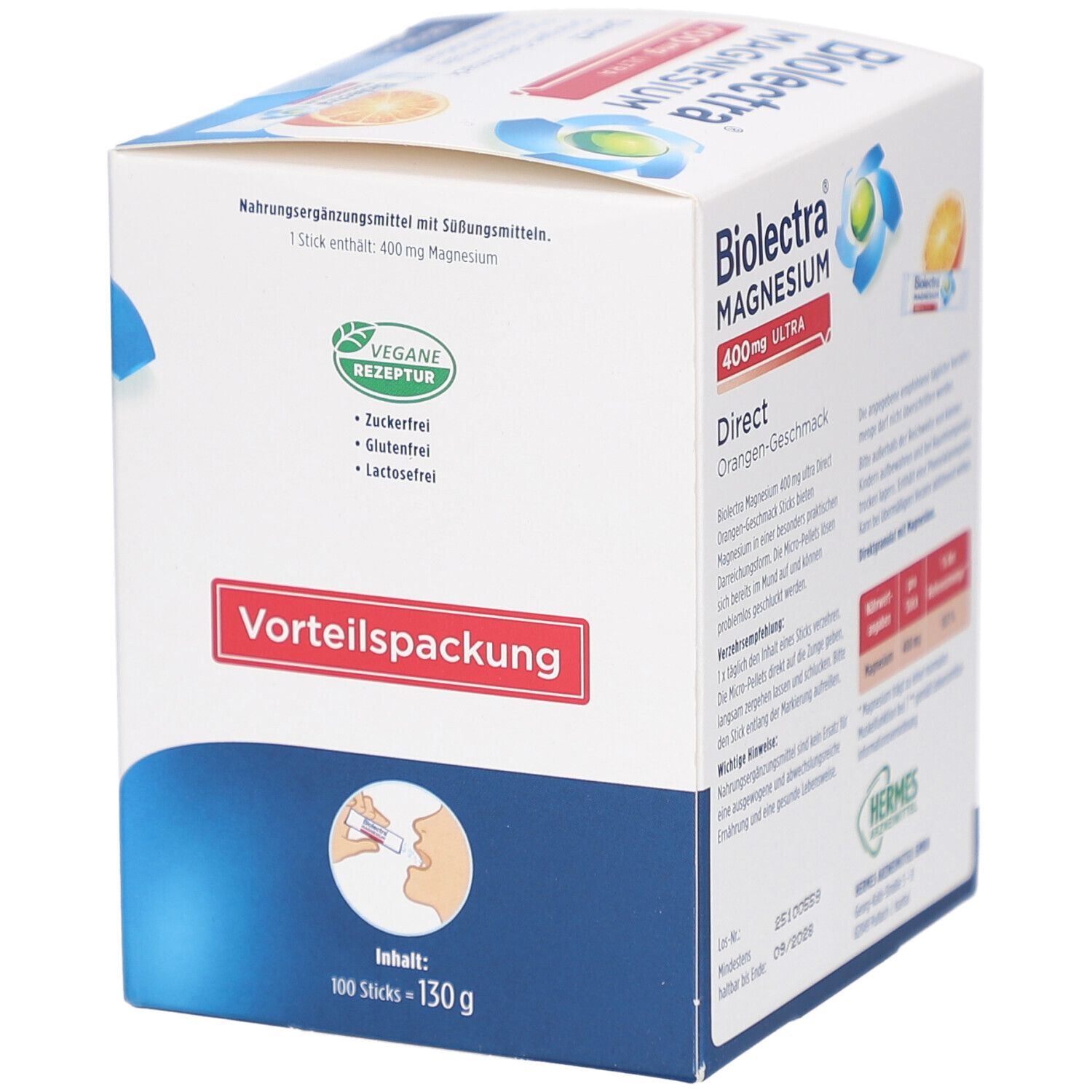 Biolectra Magnesium ultra Direct 400 mg Orange Packung. Aufdruck: "Vegan", "Zuckerfrei", "Glutenfrei", "Lactosefrei". "Vorteilspackung".
