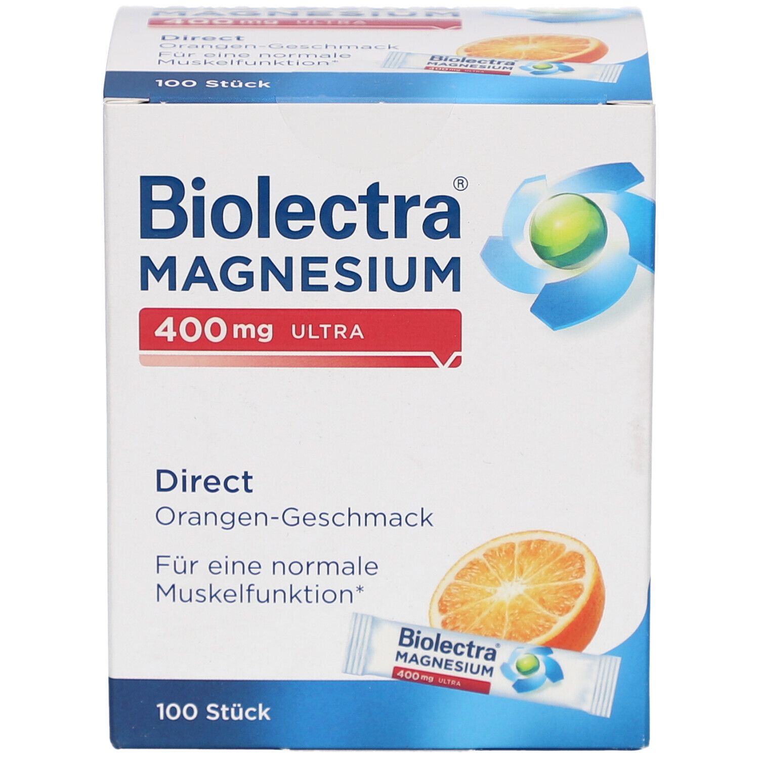 Biolectra Magnesium ultra Direct 400 mg Orange Packung. Aufdruck: "100 Stück". Abbildung einer Orange und eines Sticks.