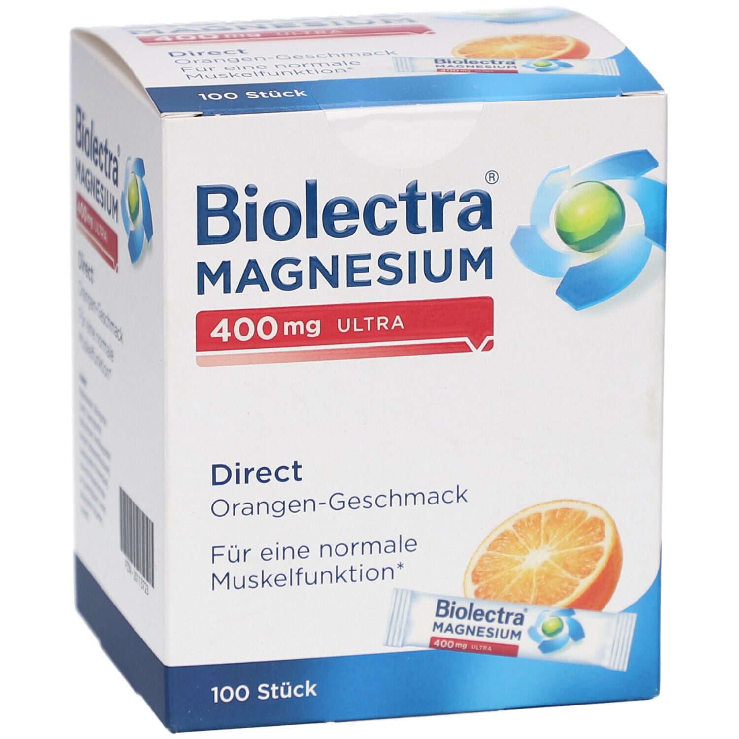 Biolectra Magnesium ultra Direct 400 mg Orange Packung. Aufdruck: "100 Stück". Abbildung einer Orange und eines Sticks.