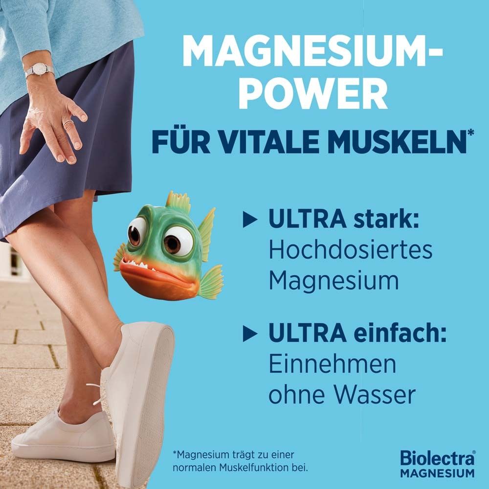 Text mit 'Magnesium-Power für vitale Muskeln'. Abgebildet: Person mit Bein, Fisch-Cartoon. Ultra stark, ultra einfach.