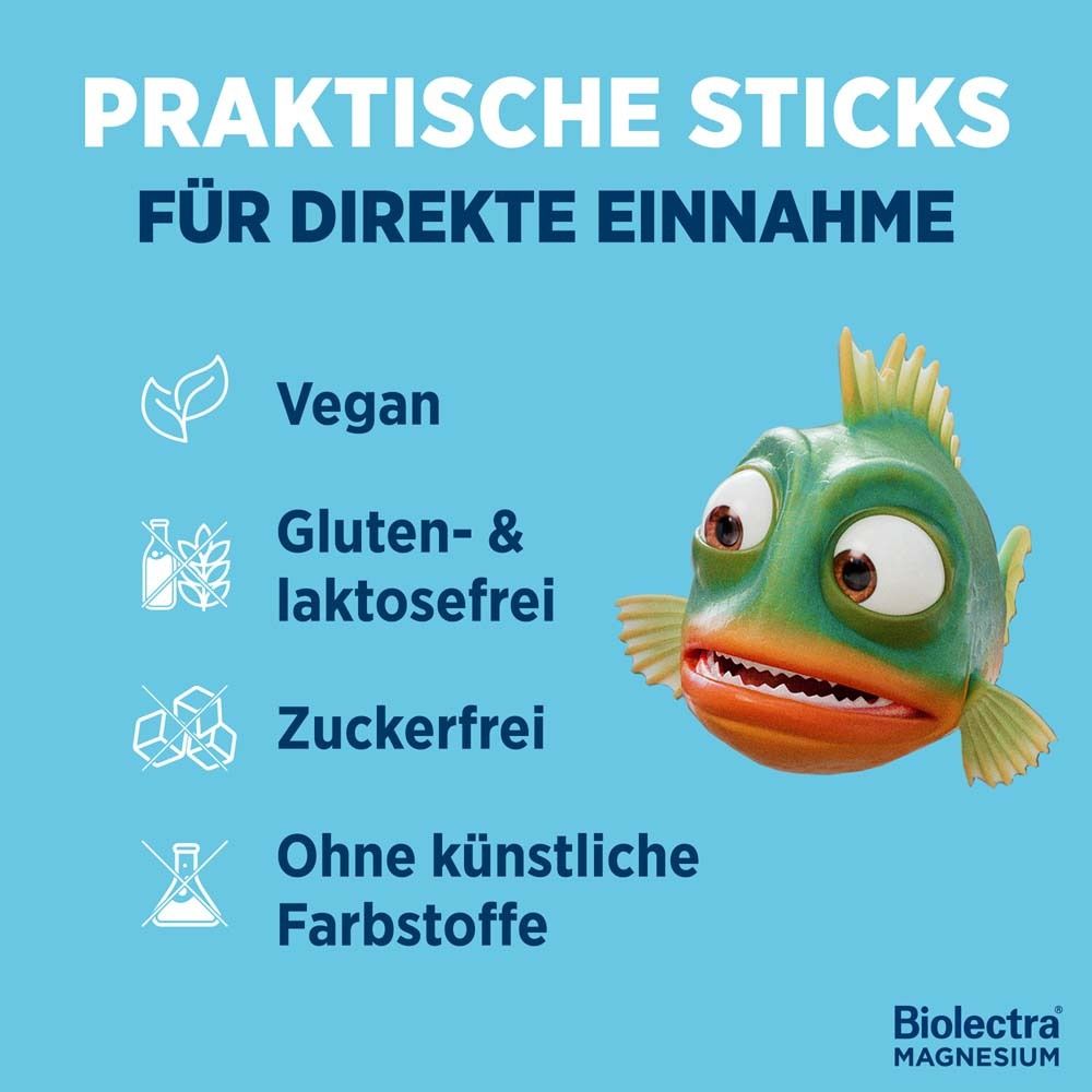 Text: Praktische Sticks für direkte Einnahme. Vegan, gluten- & laktosefrei, zuckerfrei, ohne künstliche Farbstoffe. Fisch-Cartoon.