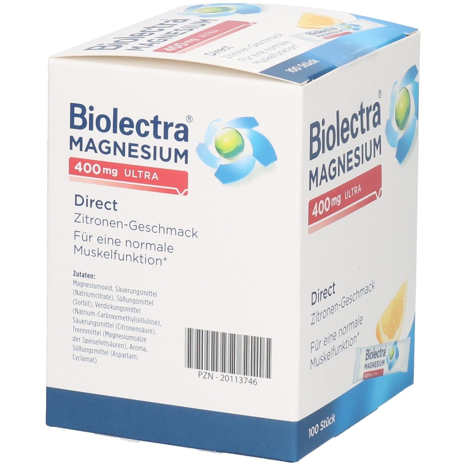 BIOLECTRA Magnesium 400 mg ultra Direct Zitrone. Karton mit 100 Sticks. Barcode und Zutatenliste sichtbar.