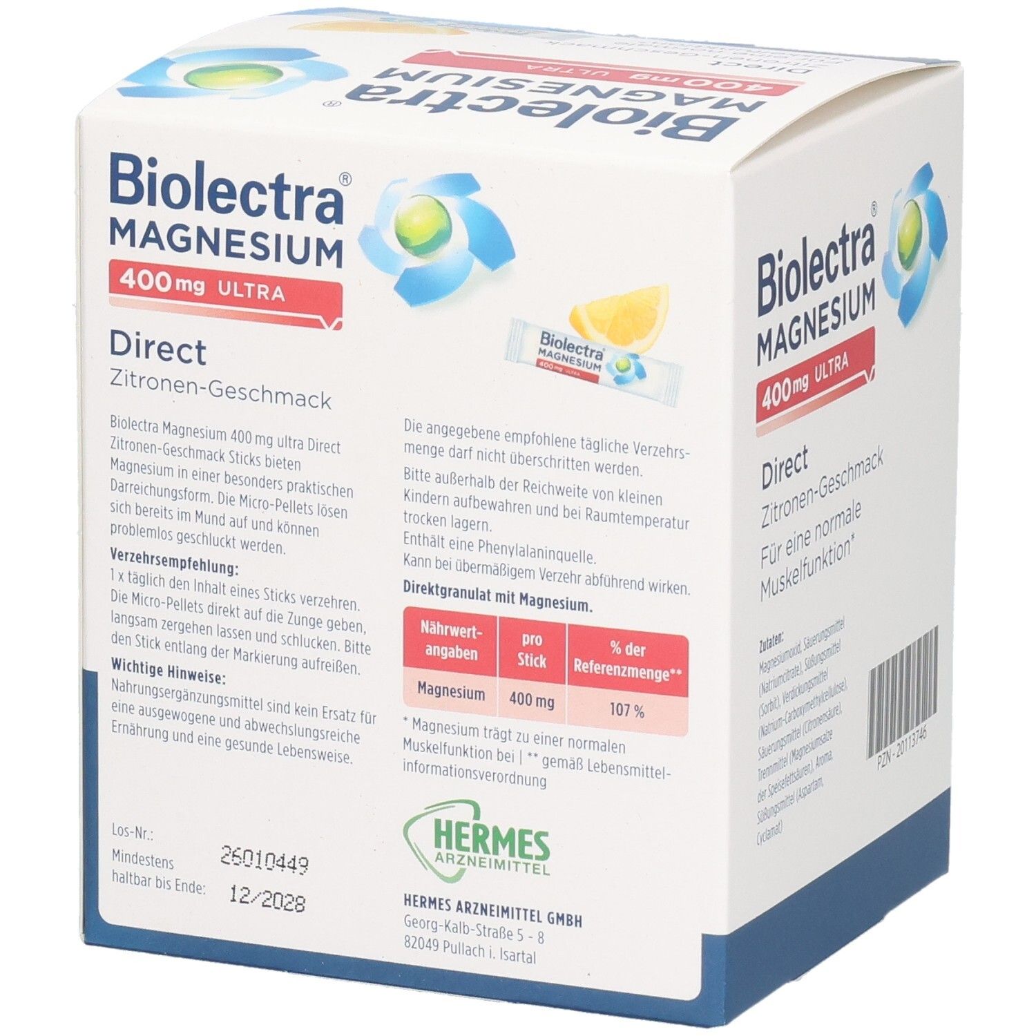 BIOLECTRA Magnesium 400 mg ultra Direct Zitrone. Karton mit 100 Sticks. Rückseite mit Informationen und Inhaltsstoffen.