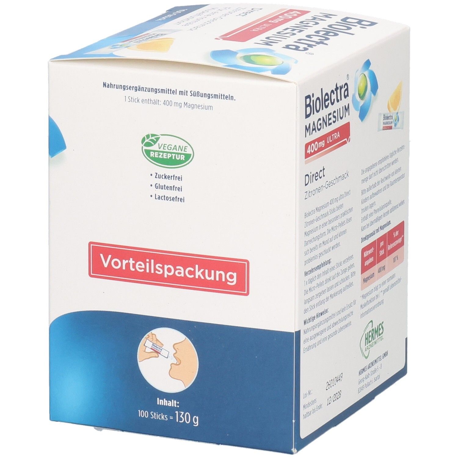 BIOLECTRA Magnesium 400 mg ultra Direct Zitrone. Karton mit 100 Sticks. Vegan-Siegel und Produktabbildung.