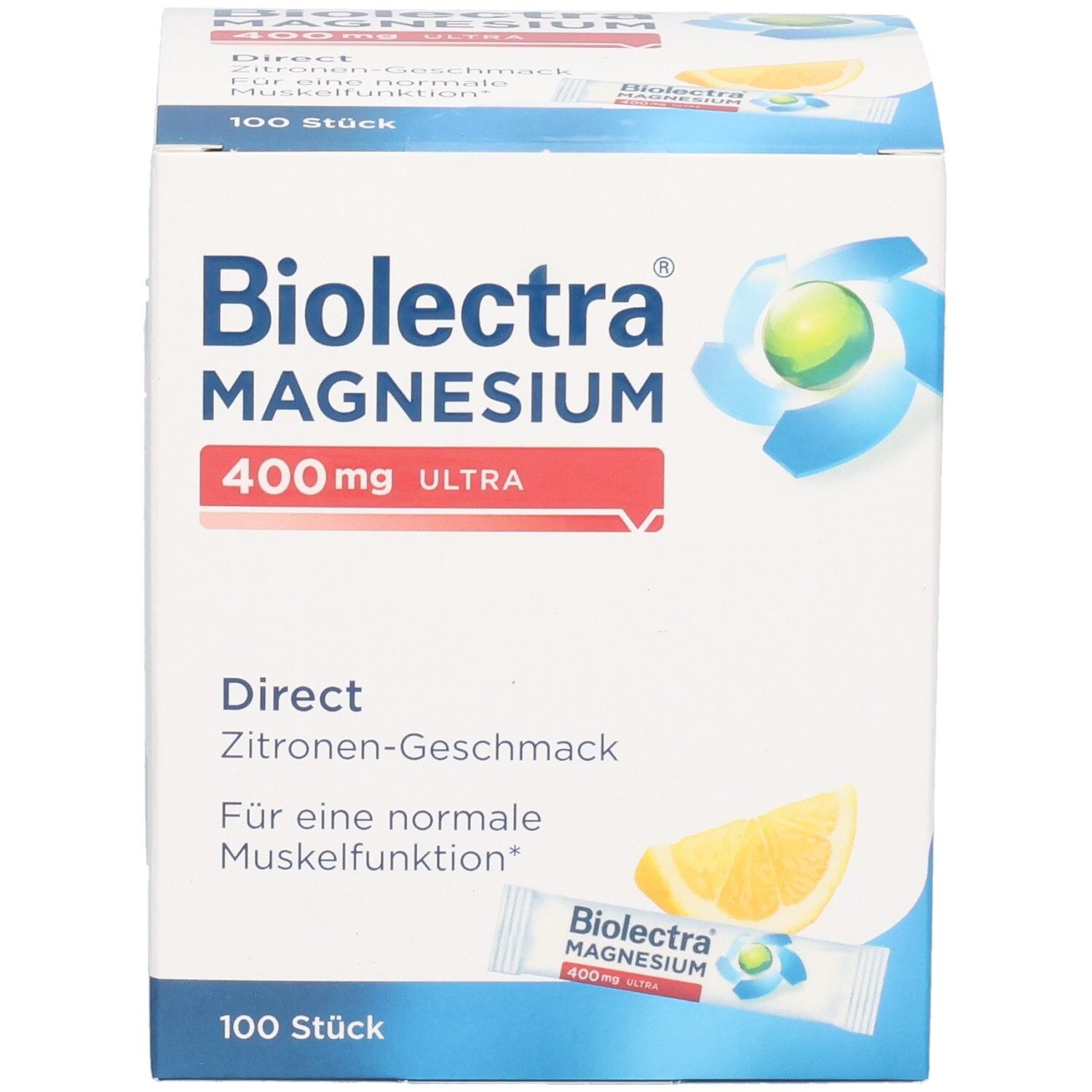 BIOLECTRA Magnesium 400 mg ultra Direct Zitrone. Karton mit 100 Sticks. Produktabbildung mit Zitrone und Stick.