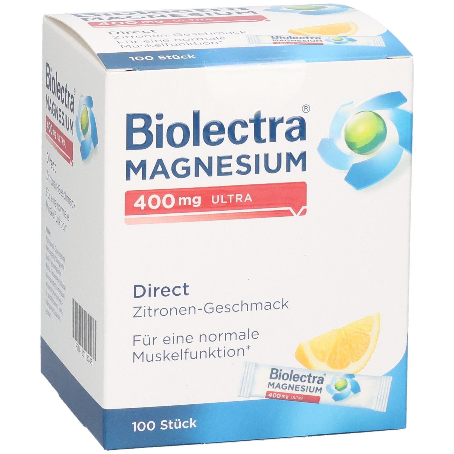 BIOLECTRA Magnesium 400 mg ultra Direct Zitrone. Karton mit 100 Sticks. Produktabbildung mit Zitrone und Stick.
