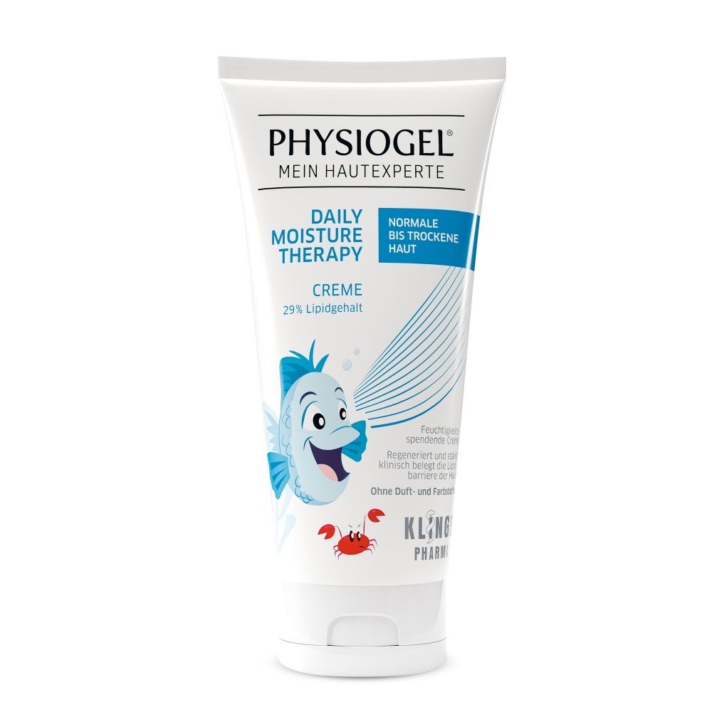 PHYSIOGEL Creme Tube mit Fisch-Illustration. Für normale bis trockene Haut.