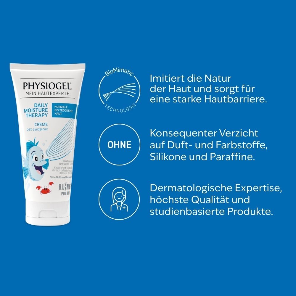PHYSIOGEL Creme Tube mit Informationen zu BioMimetic Technology und Verzicht auf Duft-/Farbstoffe.