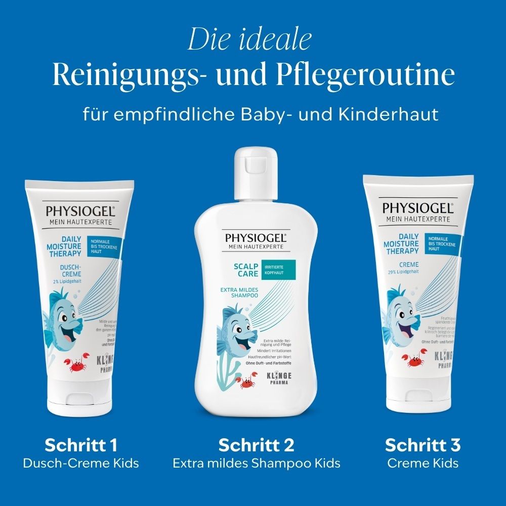Drei PHYSIOGEL Produkte für die Reinigungs- und Pflegeroutine von Babyhaut: Dusch-Creme, Shampoo, Creme.