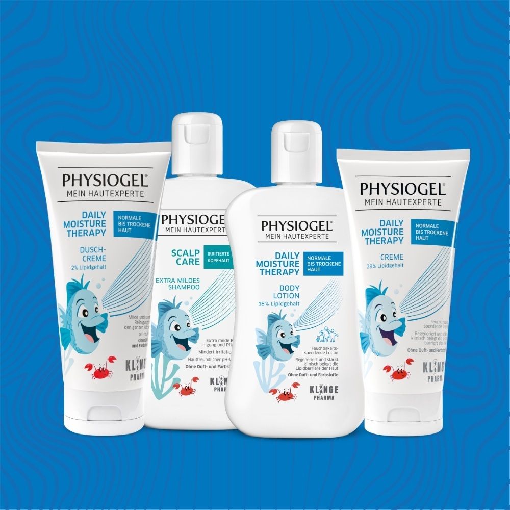 Vier PHYSIOGEL Produkte für Kinder: Dusch-Creme, Shampoo, Body Lotion und Creme.