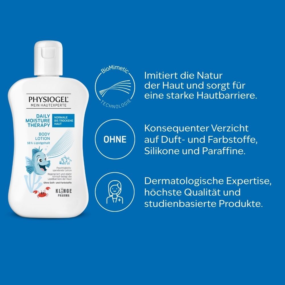 Flasche PHYSIOGEL® Body Lotion mit Etikett, daneben Kreise mit Text über BioMimetic-Technologie und Verzicht.
