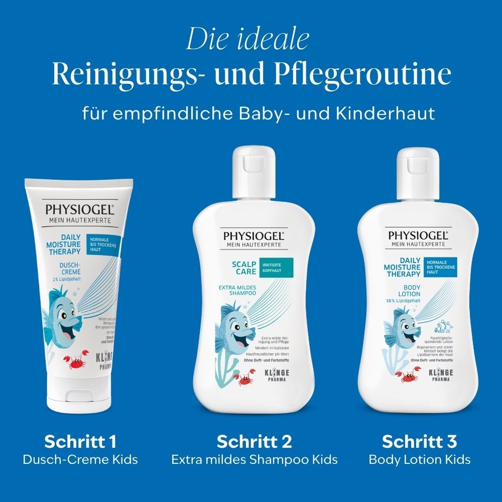 Drei PHYSIOGEL® Produkte: Dusch-Creme, Shampoo und Body Lotion für Babys und Kinder.