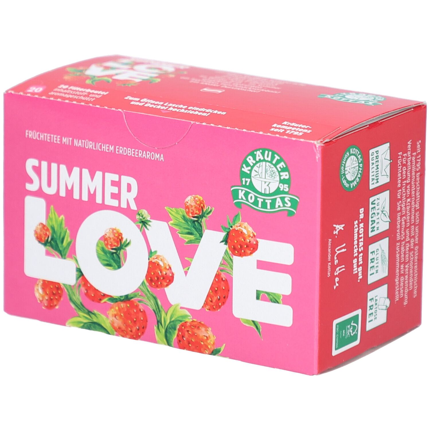 Verpackung des DR. KOTTAS Summer Love Früchtetees mit Erdbeerabbildungen und Kräuter Kottas Logo.
