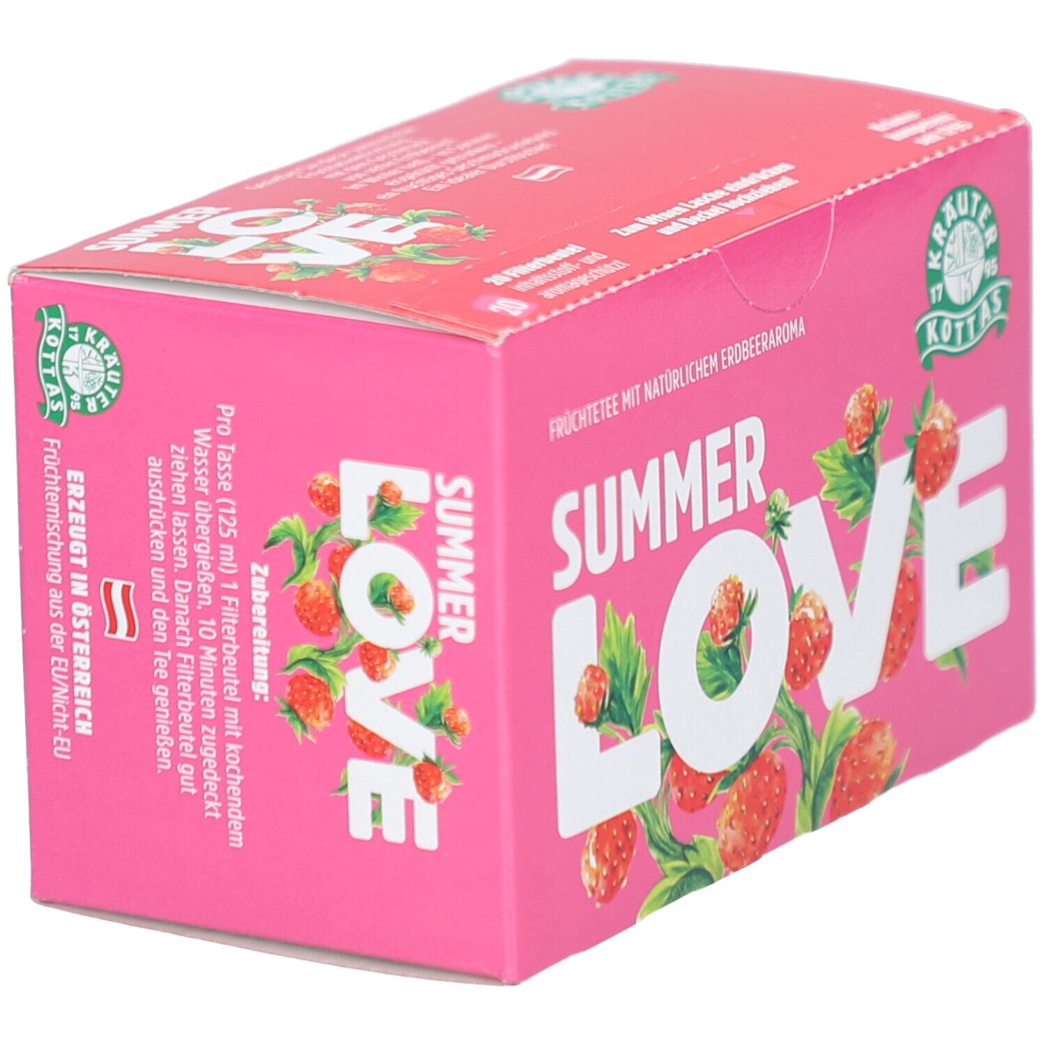 Seitenansicht der DR. KOTTAS Summer Love Früchtetee-Verpackung, hergestellt in Österreich.