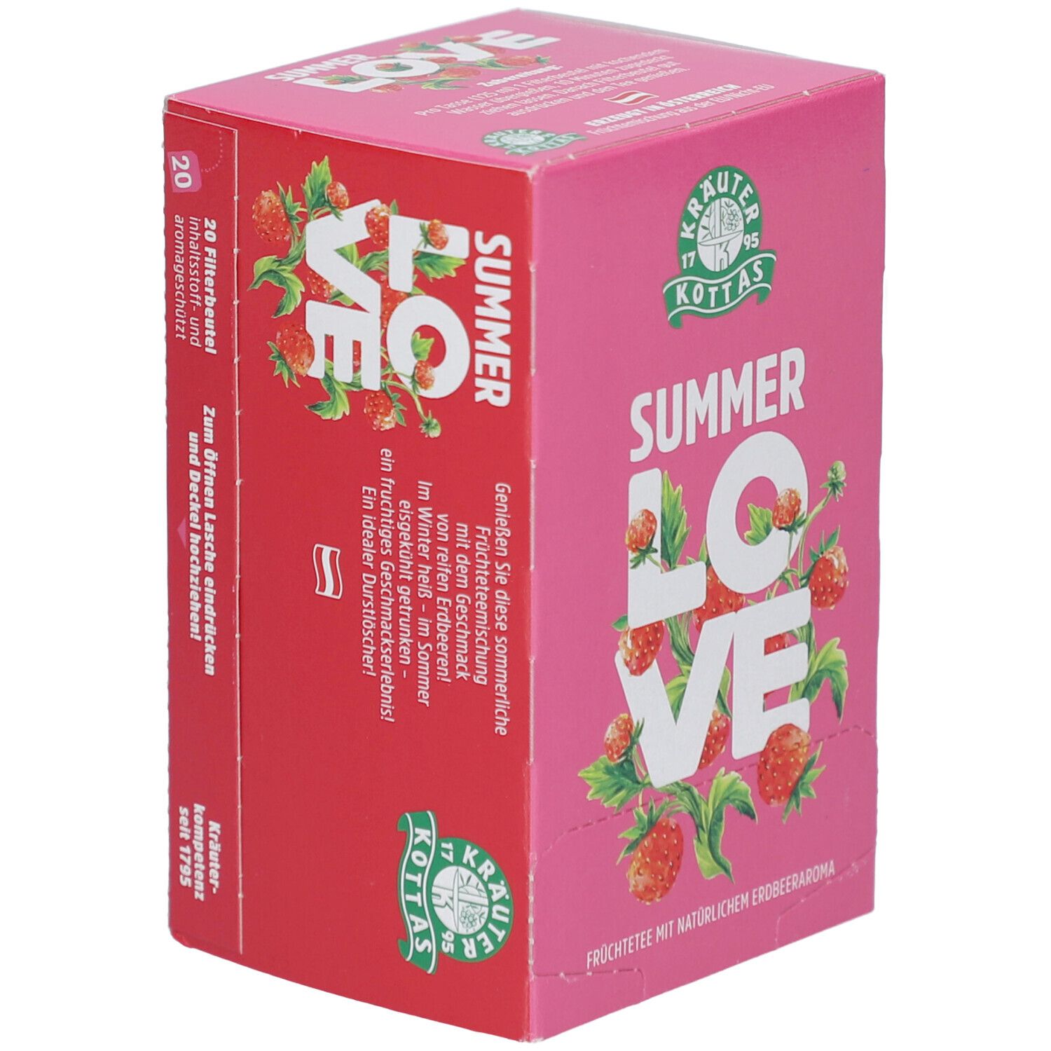 Vorderseite der DR. KOTTAS Summer Love Früchtetee-Verpackung mit Erdbeerabbildungen und Logo.