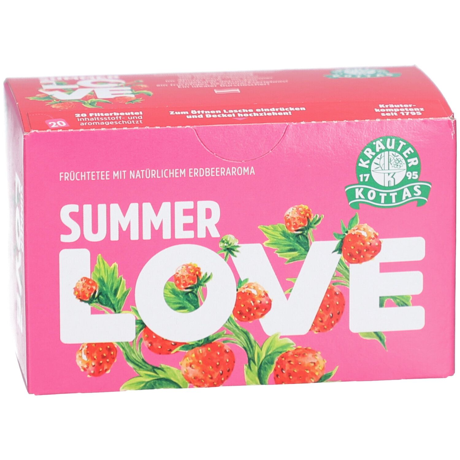 DR. KOTTAS Summer Love Früchtetee-Verpackung mit Erdbeerdesign, Kräuter Kottas Logo und 20 Beuteln.