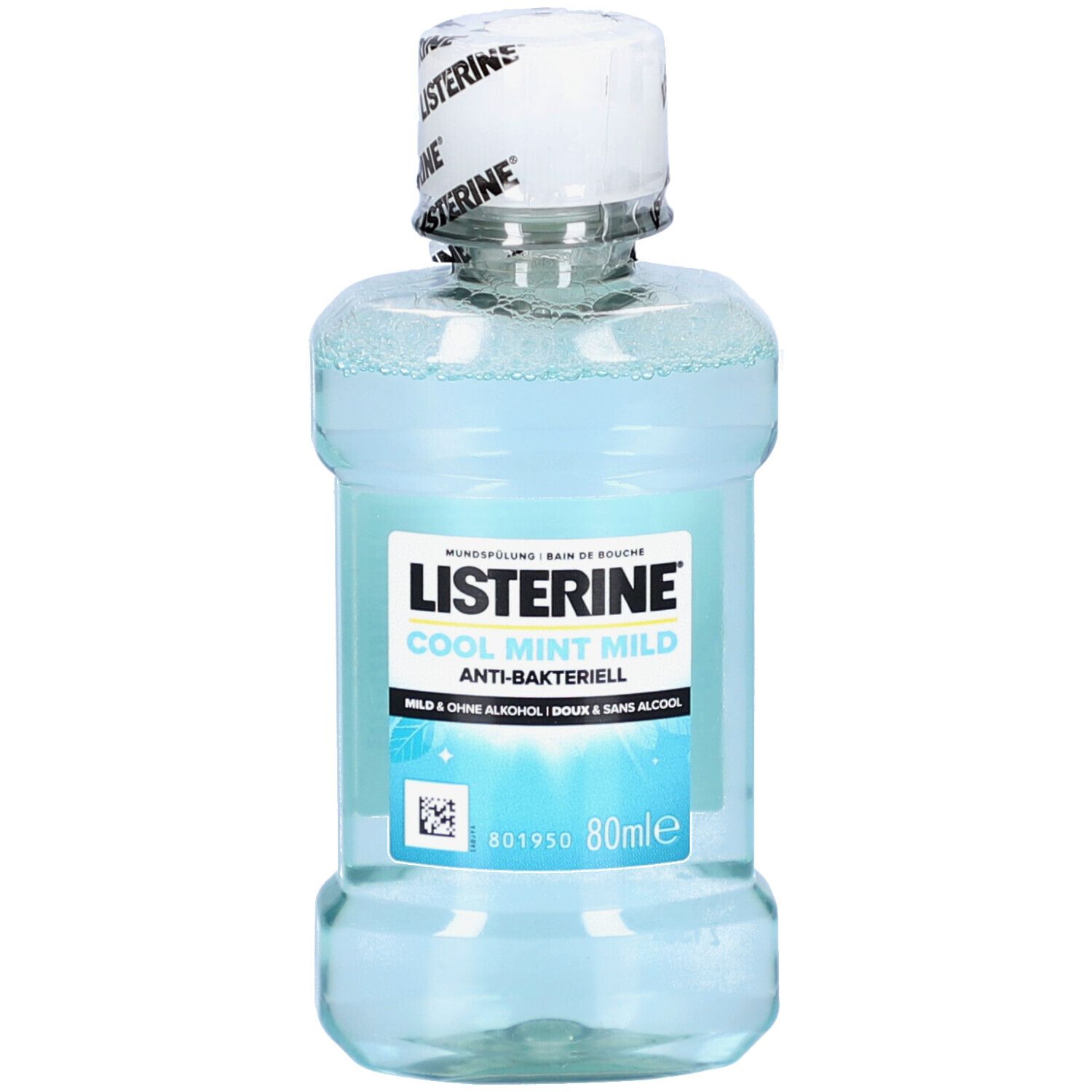 Klarflüssige Flasche mit blauem Inhalt. Aufschrift: LISTERINE Cool Mint Mild. Mit weißem Schraubverschluss. 80ml.