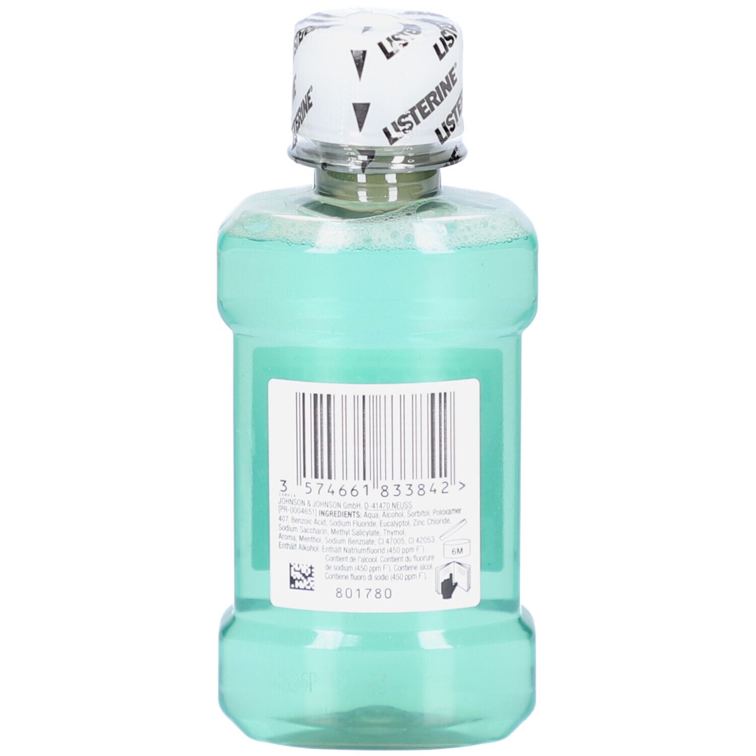 Rückseite der grünen LISTERINE Total Care Flasche. Barcode und Inhaltsstoffe. 801780.