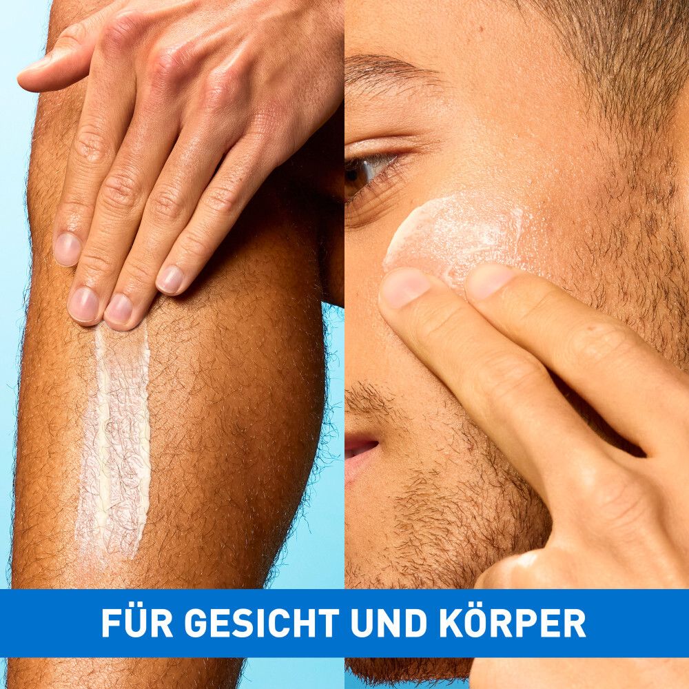 Anwendung von Sonnenschutz auf Bein und Gesicht. Für Gesicht und Körper. Blauer Hintergrund. Helle Haut.