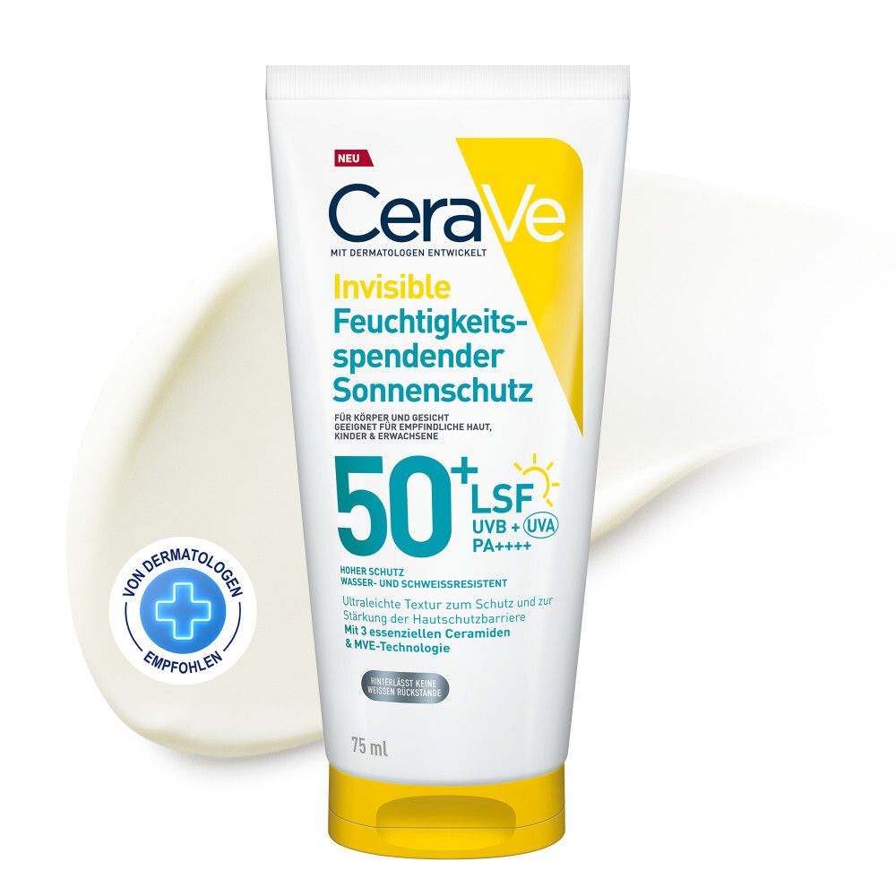 CeraVe Invisible Sonnenschutz LSF 50+ Tube. Weiß, gelber Deckel. Text: Invisible, Feuchtigkeit spendend, Sonnenschutz, 50+ LSF.