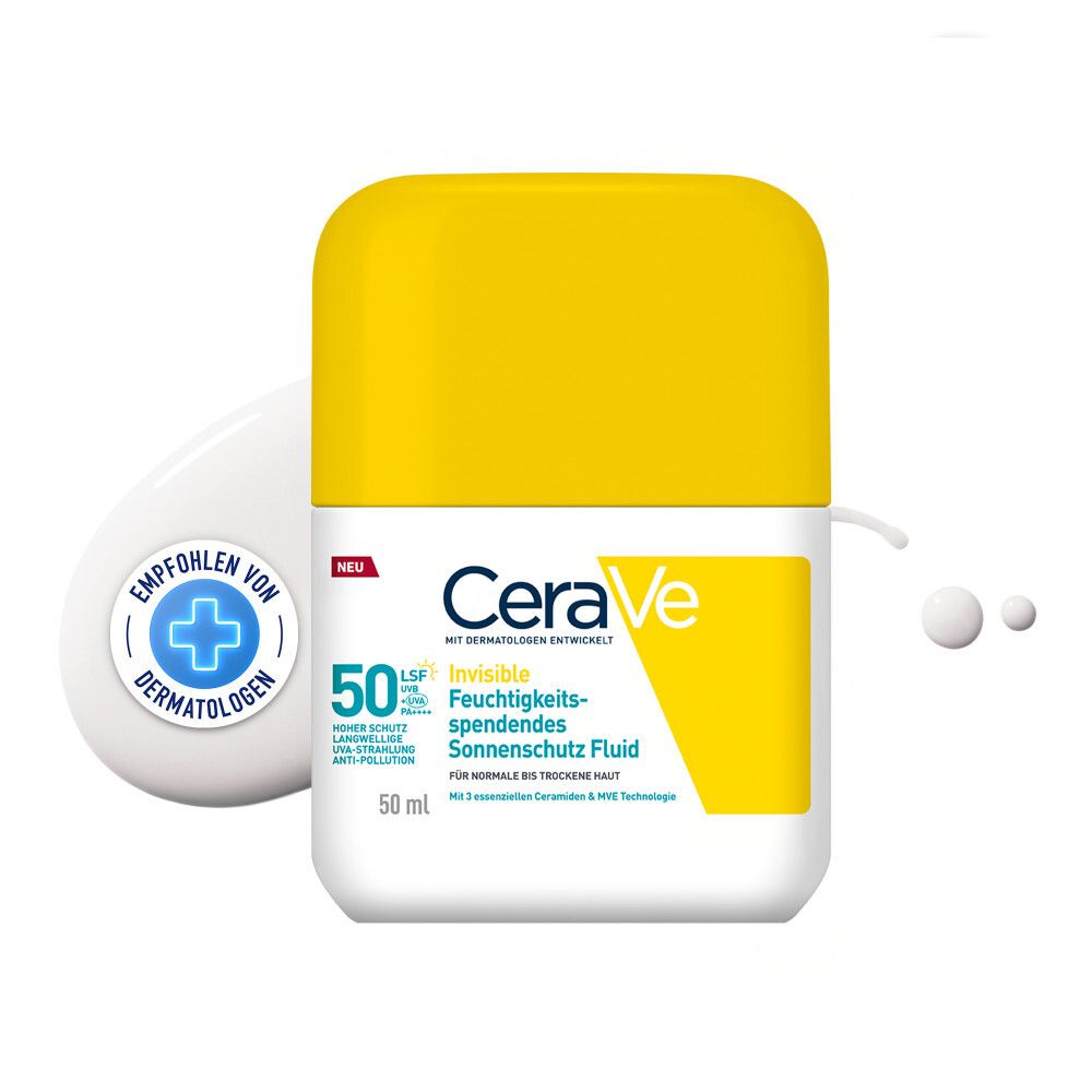 CeraVe Invisible Sonnenschutz Fluid LSF 50. Weiße Flasche mit gelbem Deckel. Dermatologen empfohlen.