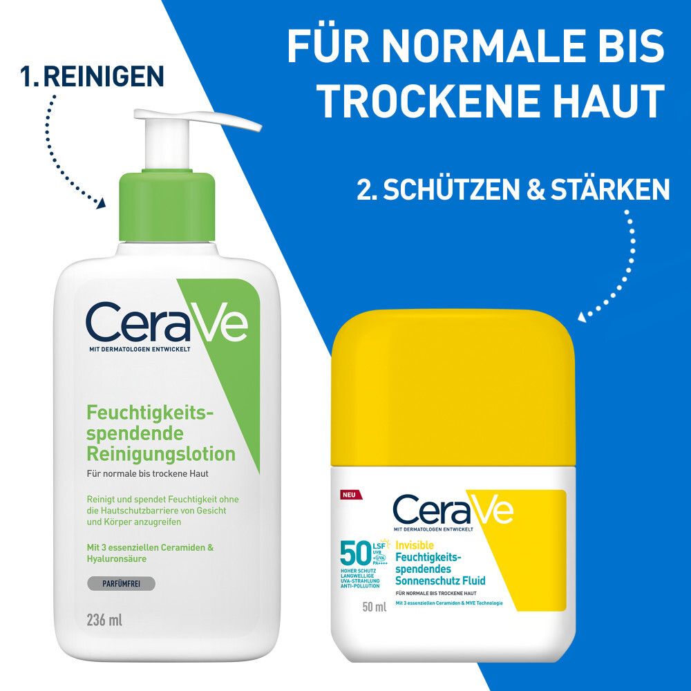CeraVe Reinigungslotion und Sonnenschutz Fluid. Text: Reinigen, schützen & stärken. Für normale bis trockene Haut.