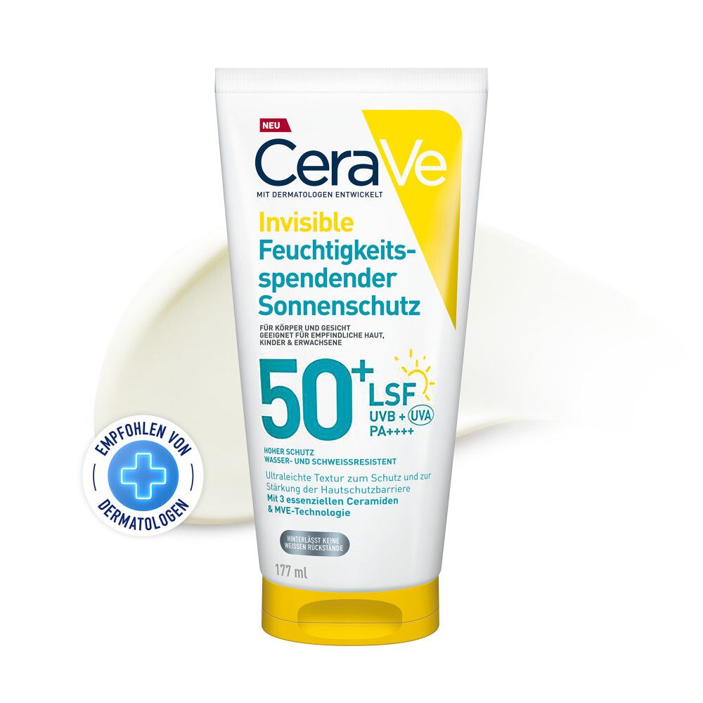 CeraVe Invisible Sonnenschutz LSF 50+ Tube. Weiß, gelb. Text: Invisible Feuchtigkeitspendender Sonnenschutz. 177 ml.
